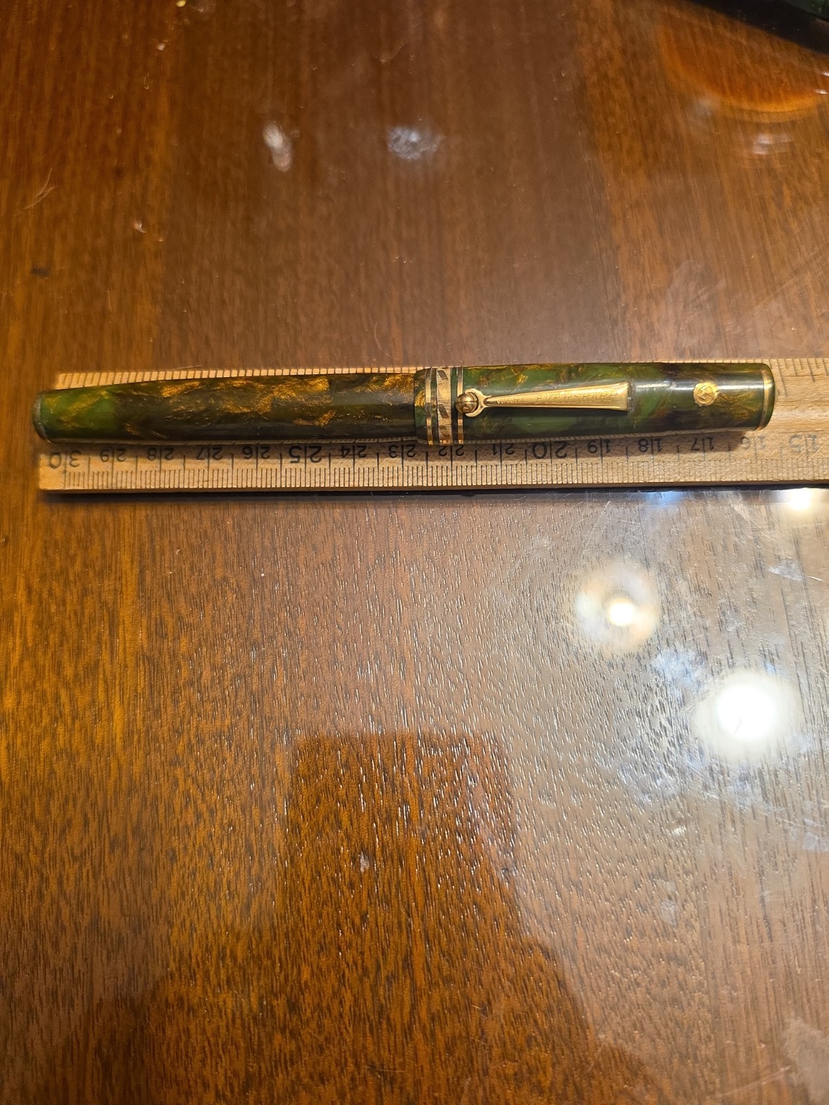 Vinatge Wahl Eversharp Fountain Pen Art Deco Band Senior Size Green And Bronze
