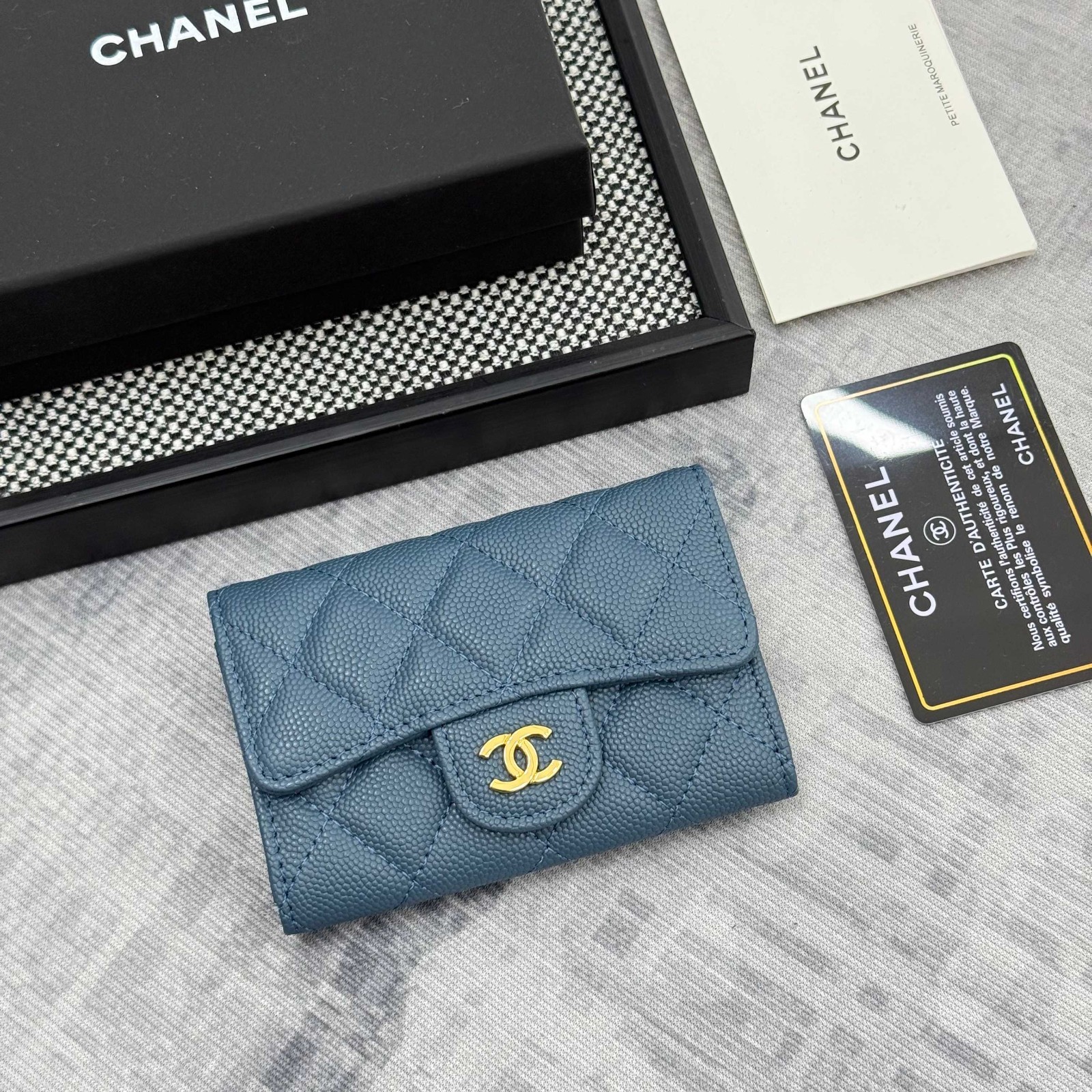 CHANEL Classic Flap Card Holder Blue Caviar Leather Gold CC Wallet AP0214
