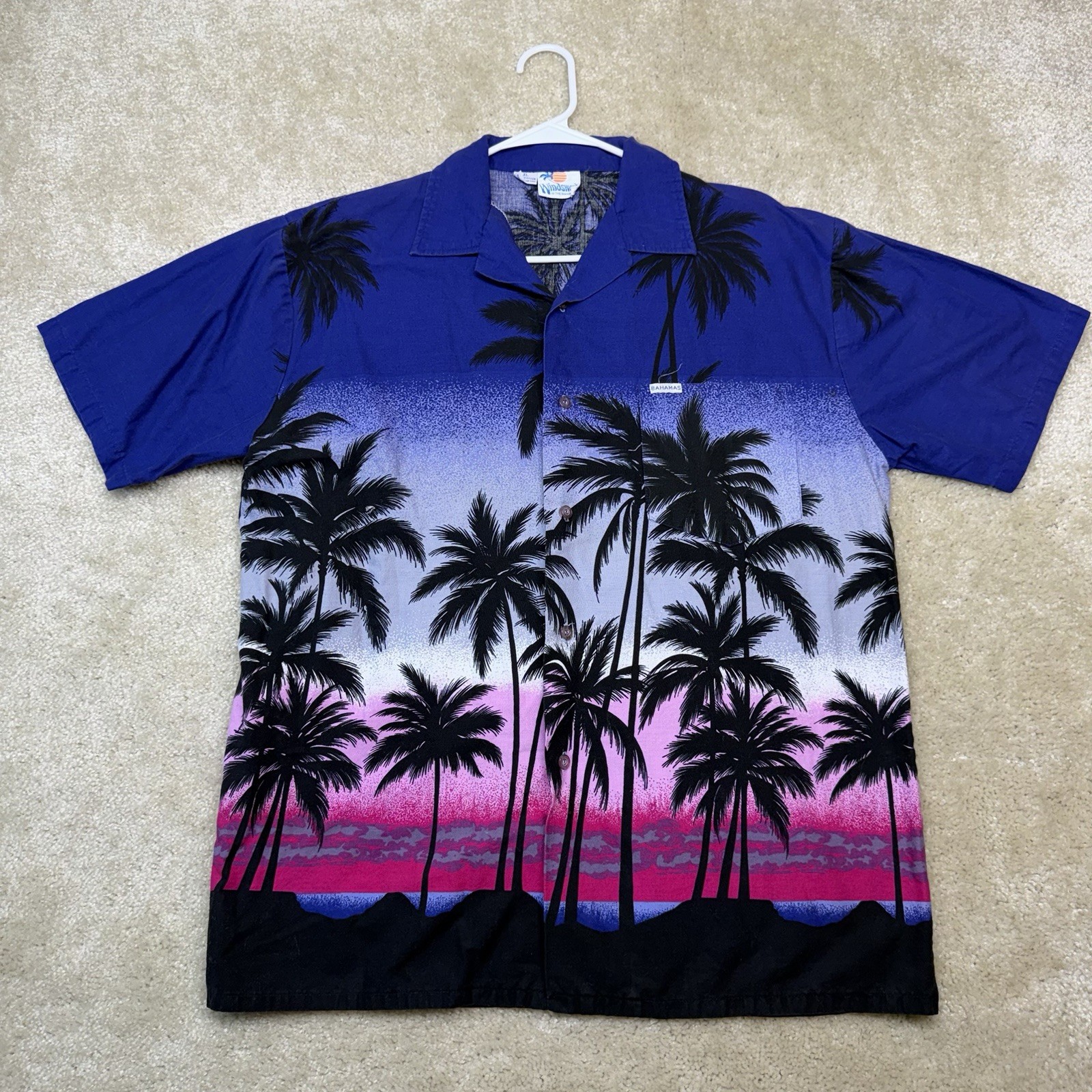 Vtg Windswept Hawaiian Shirt Mens XL Purple Black Miama Theme AOP Lightweight