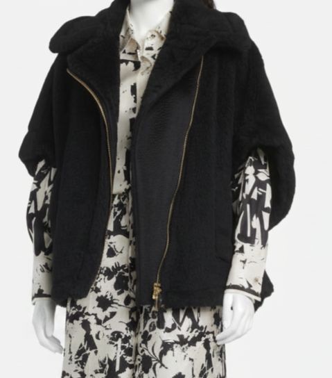Max Mara Women\'s Black Wool Lapel Collar Asymmetric Zip Teddy Poncho Size S
