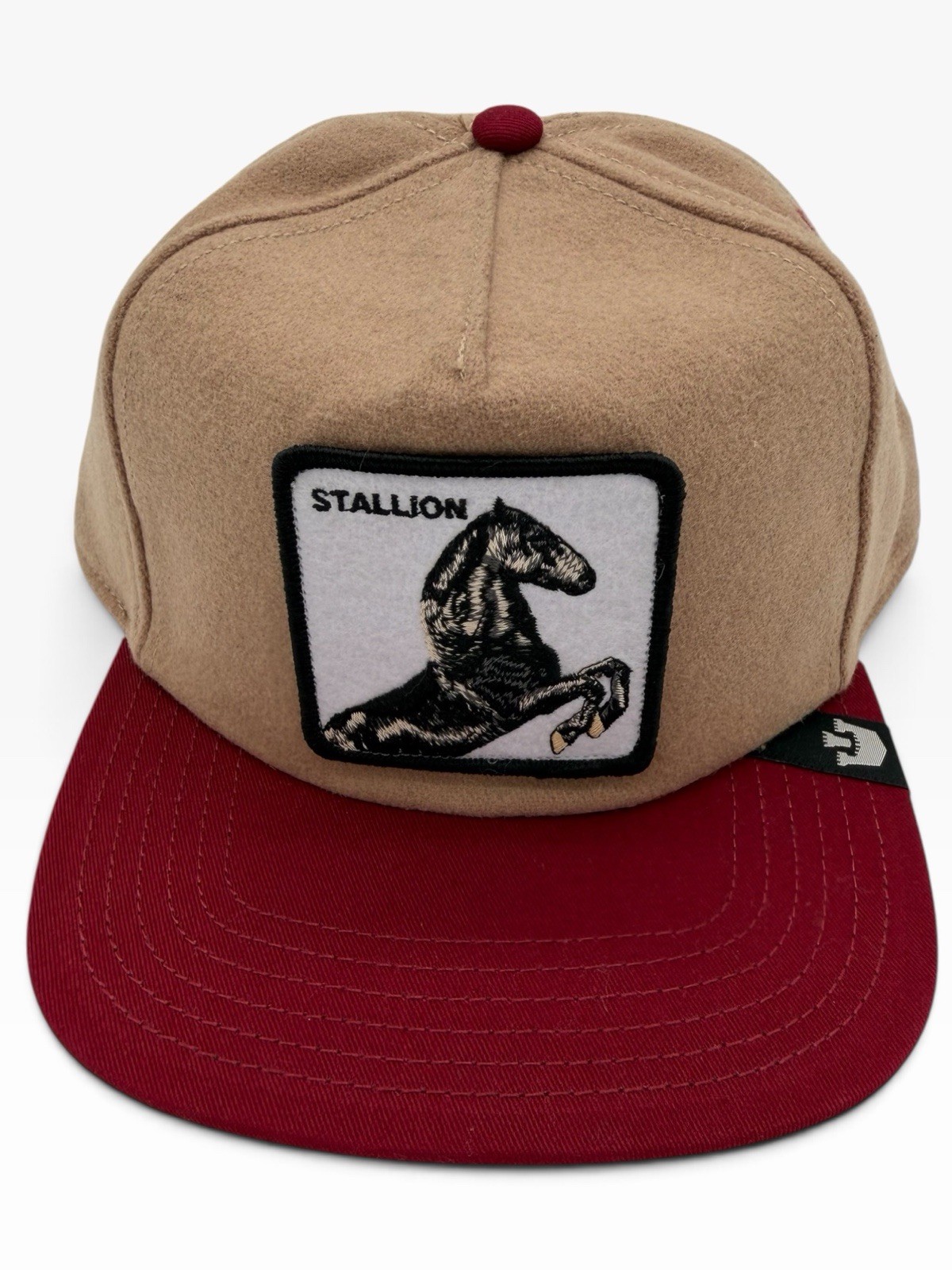 GOORIN BROS THE FARM STALLION Horse Patch Tan Burgundy Snapback Trucker Hat New