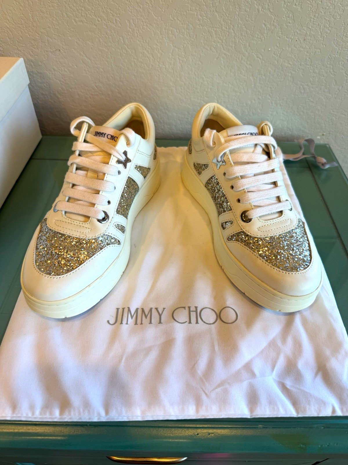 Jimmy Choo Women’s White/Silver Glitter Logo Low Top Lace Up Sneakers NWB