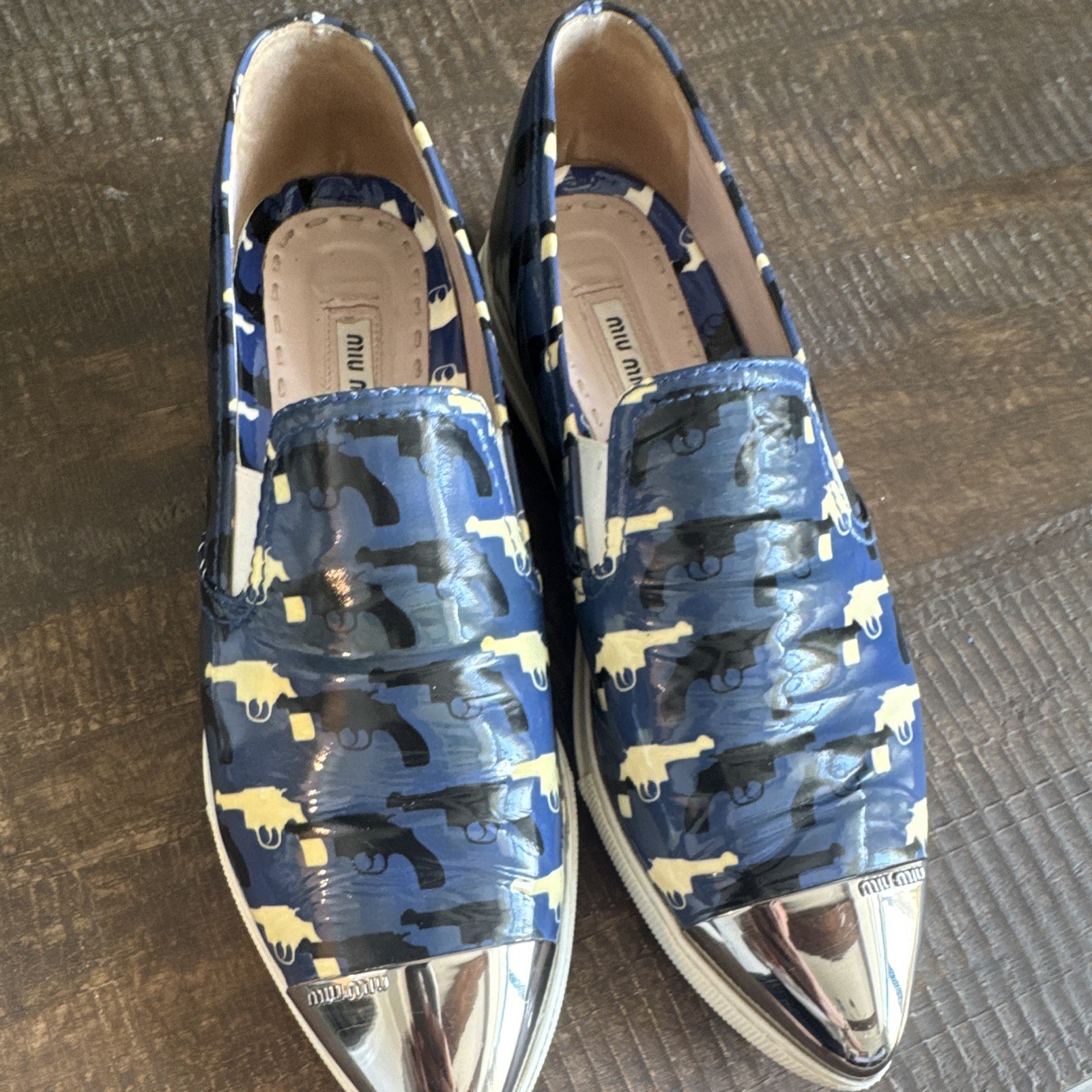 Miu Miu patent leather gun print slip on shoe size 37 rare