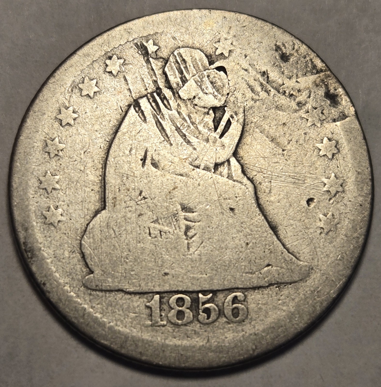 1856 Seated Liberty Silver Quarter - Good Details, Plugged