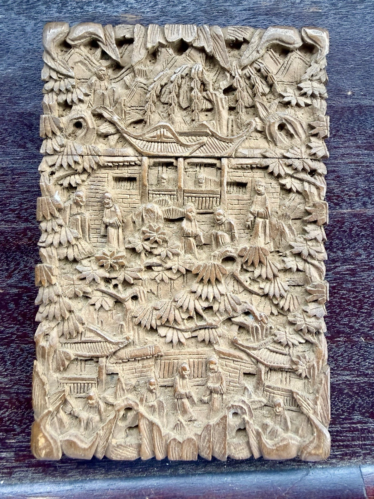 Antique Fine Chinese Intricate Carved Sandalwood Figural Card Case 19th Century Antique Fine Chinese Intricate Carved Sandalwood Figural Card Case 19th Century
