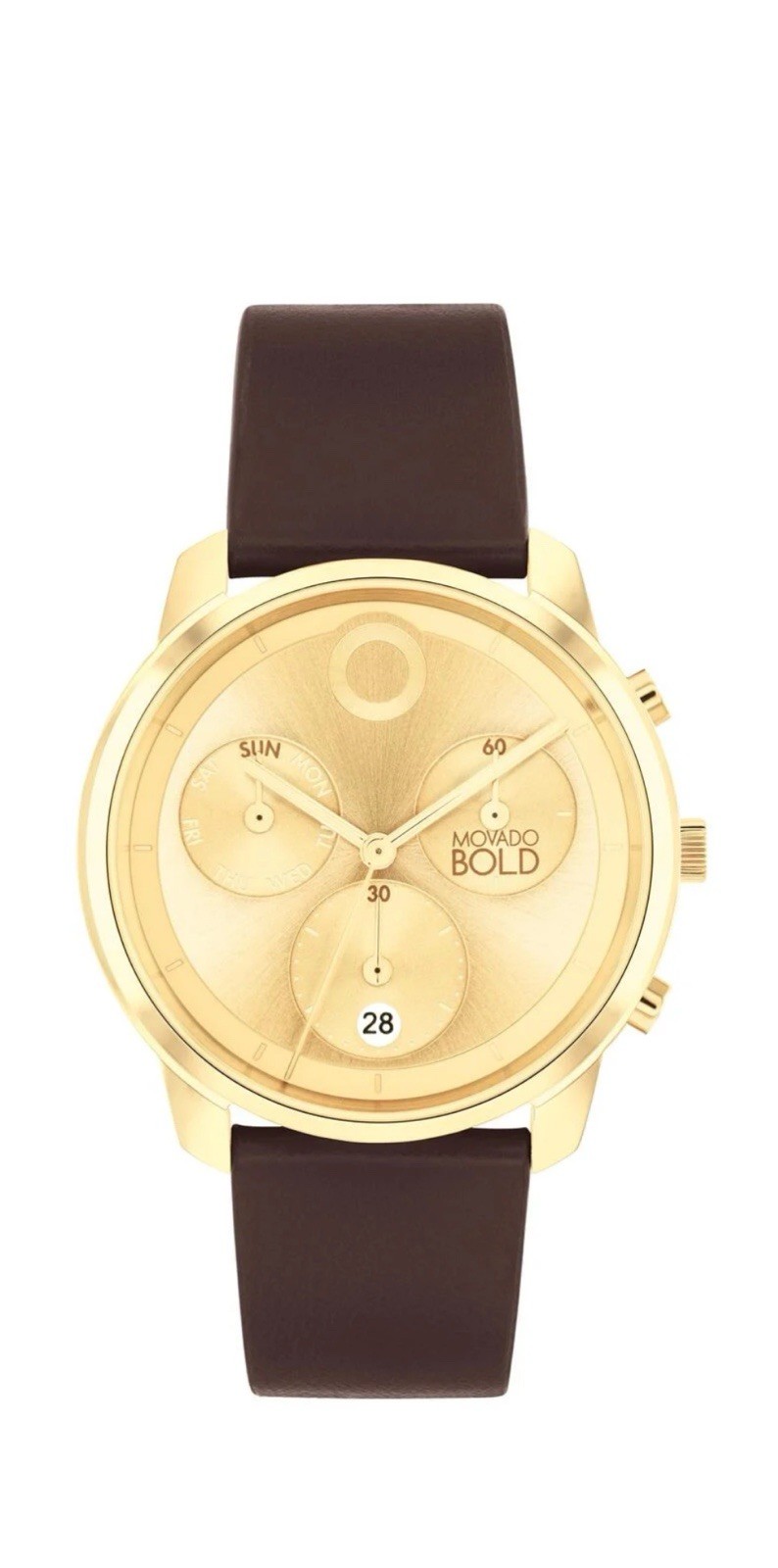 Brand New Movado Bold Men’s Yellow Gold Brown Leather Strap Watch 3601029 Brand New Movado Bold Men’s Yellow Gold Brown Leather Strap Watch 3601029