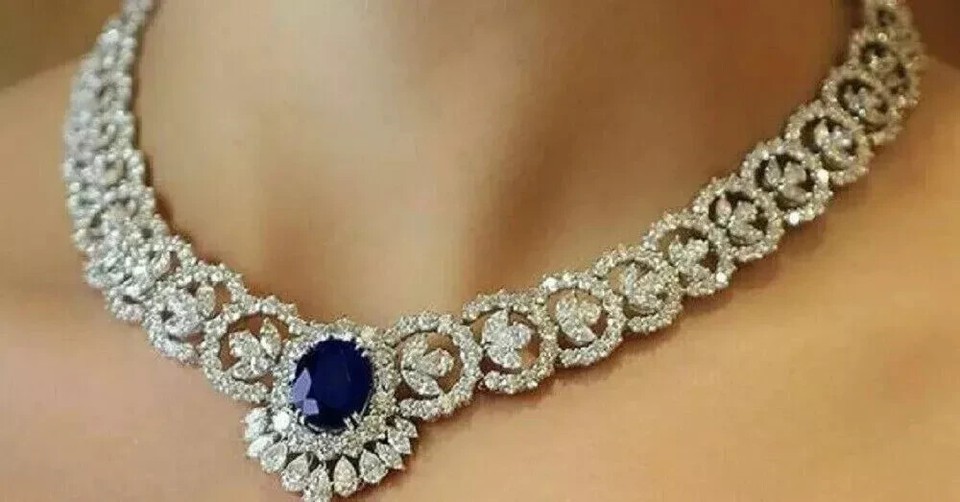 20Ct Oval Cut Lab Created 14K White Gold Finish Sapphire Women's Tennis Necklace