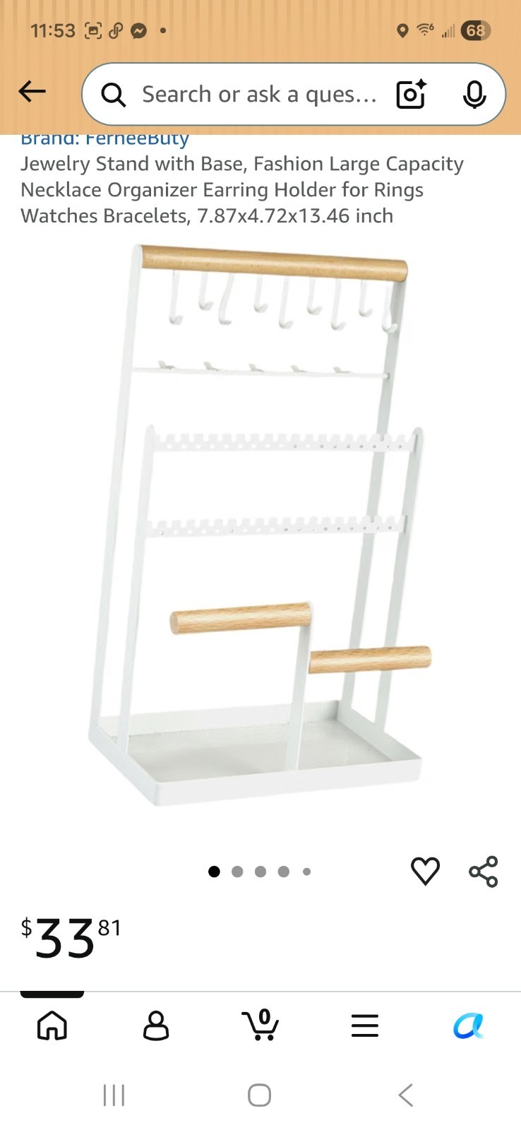 FerneeButy Jewelry Stand w/ Base Metal/Wood White/Brown 25+ pcs 13.46in