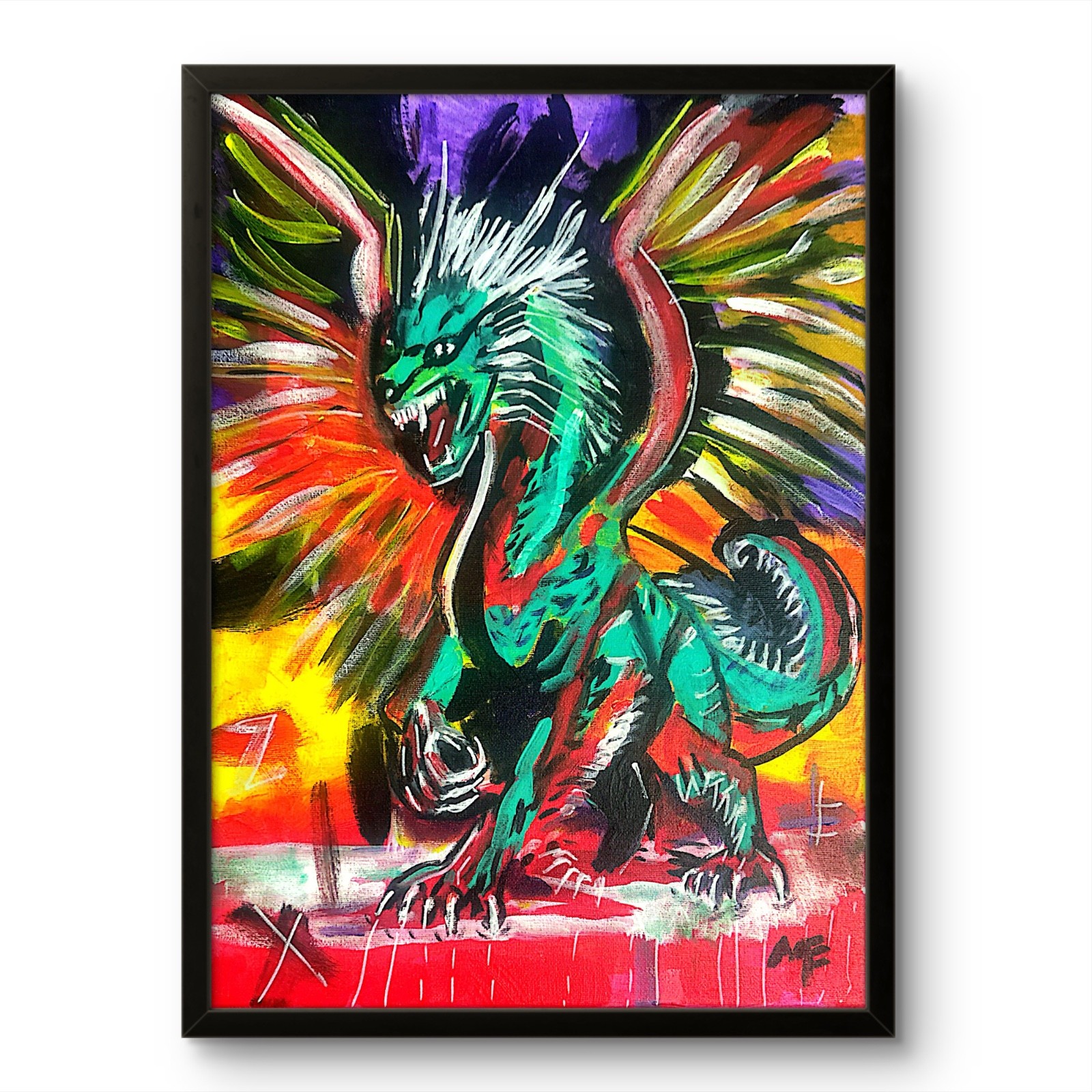 ME Original 16x12 Expressionist Green Dragon Roaring Painting Signed Canvas