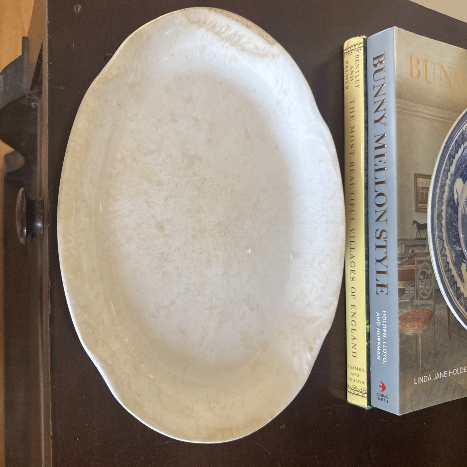 Antique Ironstone 1800’s Stained Crazed Oval Platter Scalloped Edging