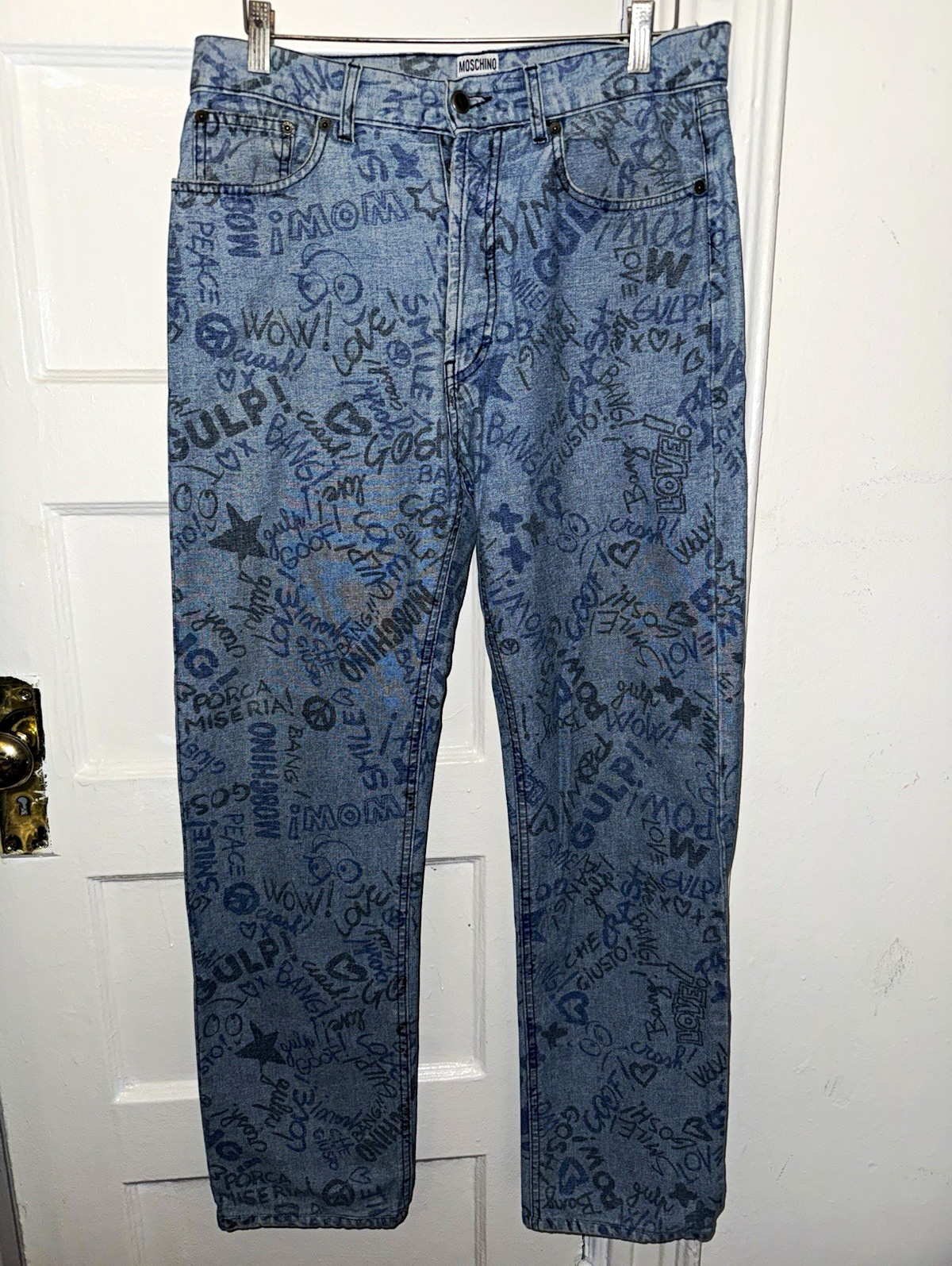 Vintage Moschino Jeans Men\'s Blue Graffiti Peace Straight fit jeans Sz 32
