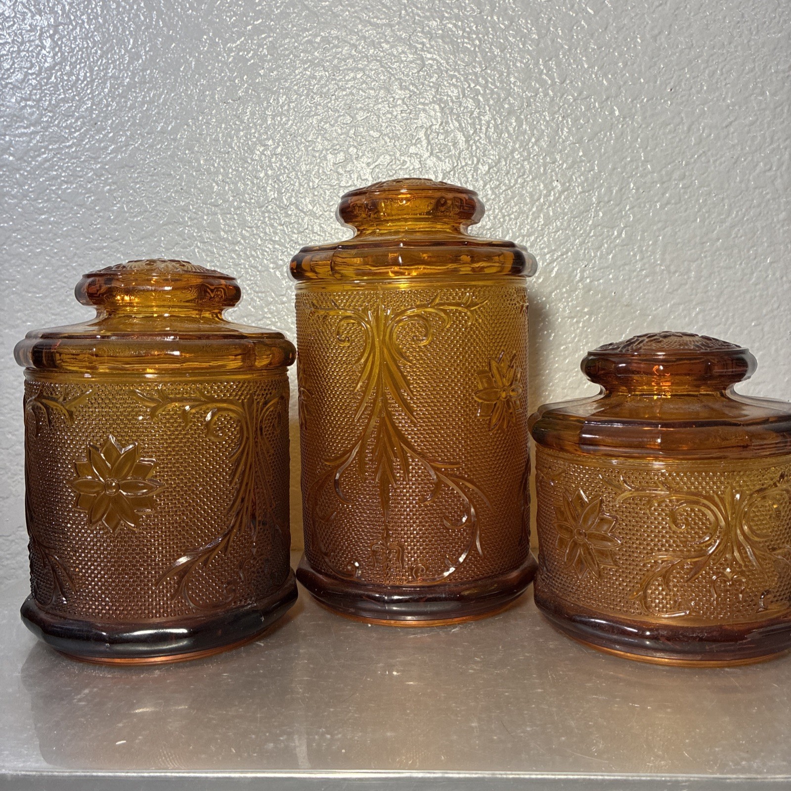 Vintage Tiara Indiana Glass Sandwich AMBER Canister Set OF 3 & LIDS 5.5 7.5 9.5