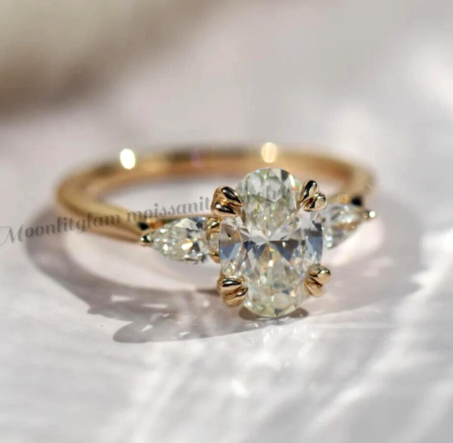 2.70 Ctw Oval Cut Moissanite Three Stone Engagement Ring 14K Yellow Gold Plated