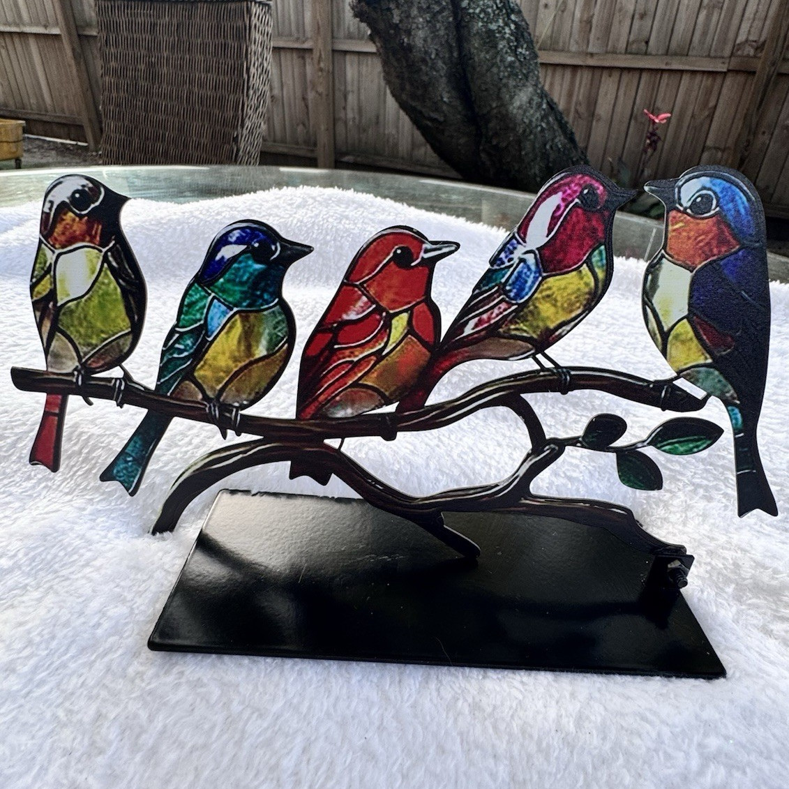 Metal Bird on Branch Figurine, Freestanding Tabletop Decor, Multicolor/Black Metal Bird on Branch Figurine, Freestanding Tabletop Decor, Multicolor/Black