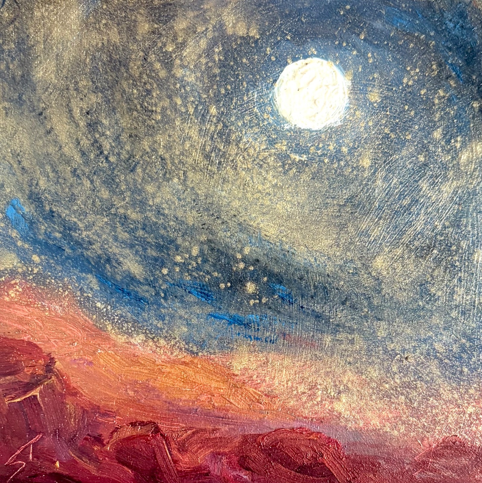 Silvia Trujillo Art original impasto oil gold dust cosmos moon desert night sky