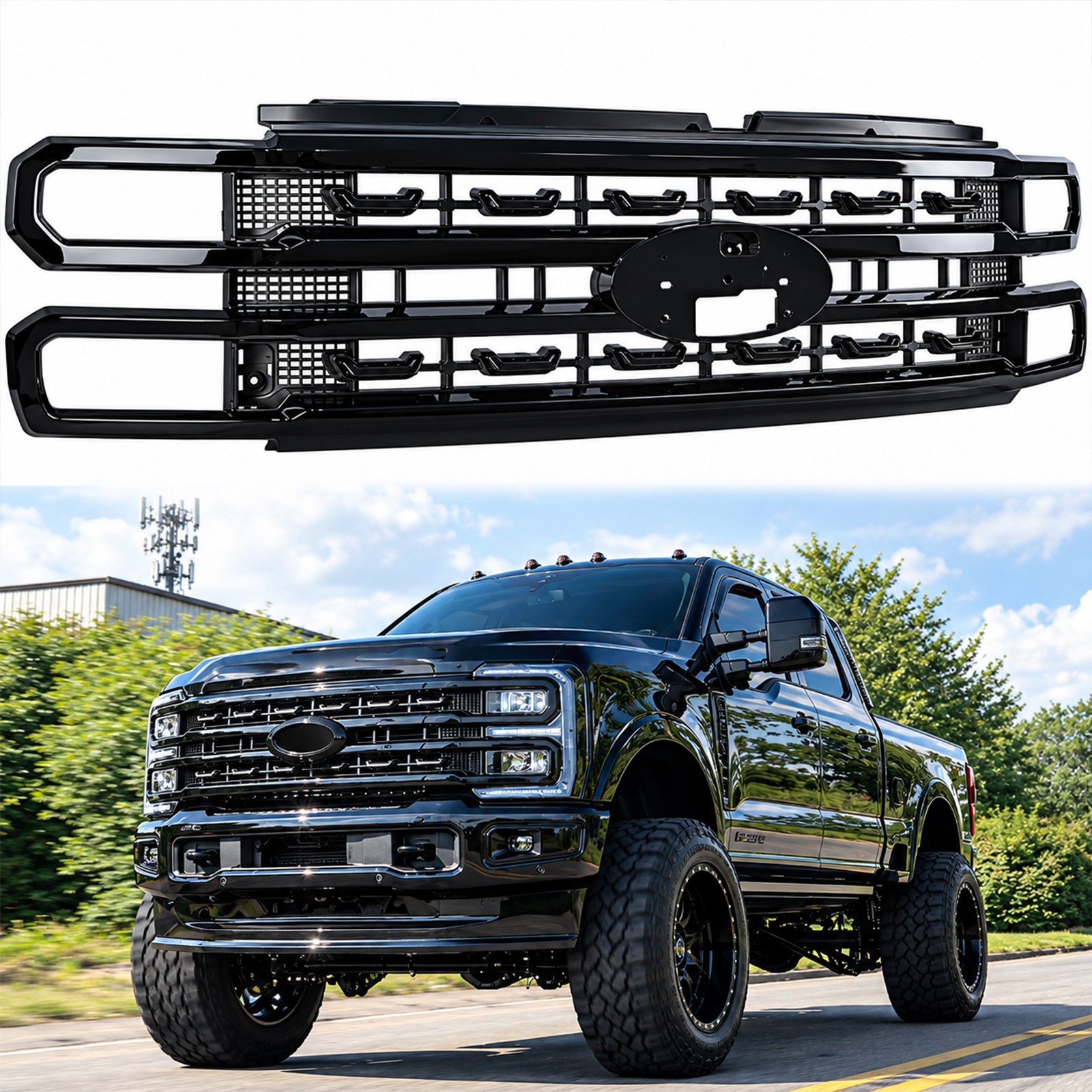 For 2023-2026 Ford F250 F350 Super Duty Gloss Black Front Grille Platinum Style