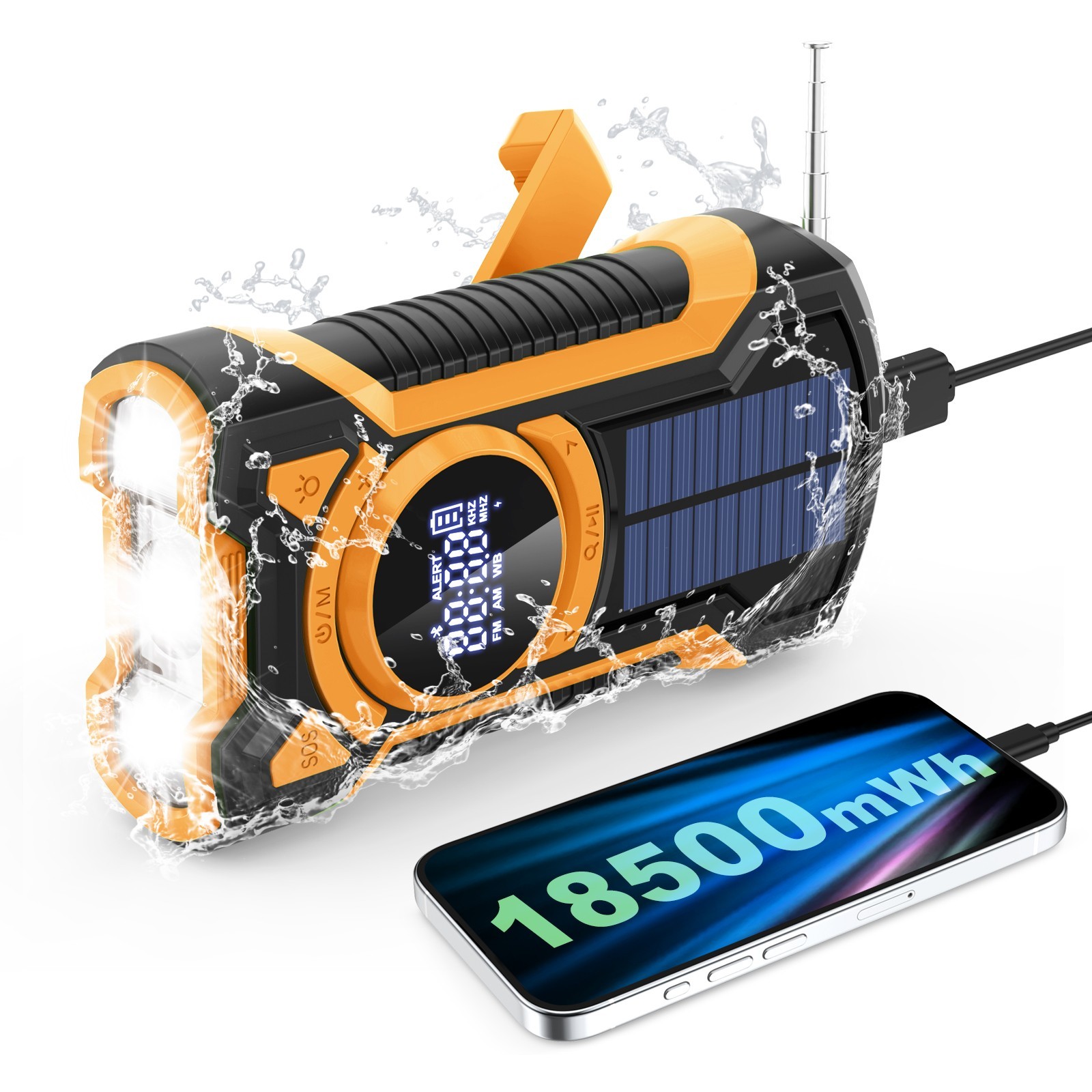Emergency Radio – NOAA, 5000mAh Power Bank, Hand Crank, Solar, Flashlight & SOS