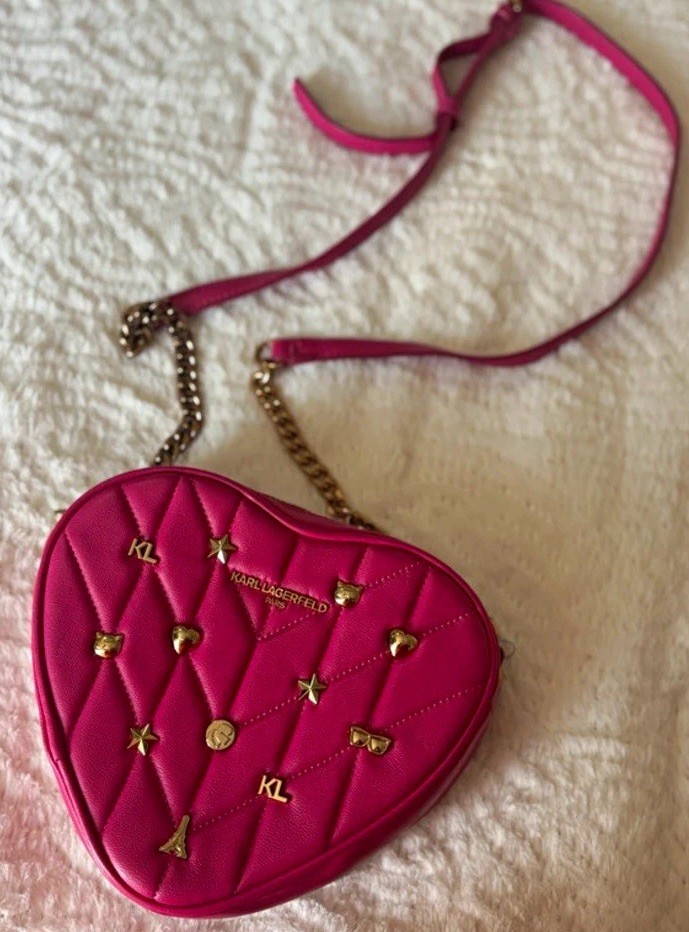Karl Lagerfeld Paris Pink Quilted Heart Crossbody Bag Gold Hardware Zip