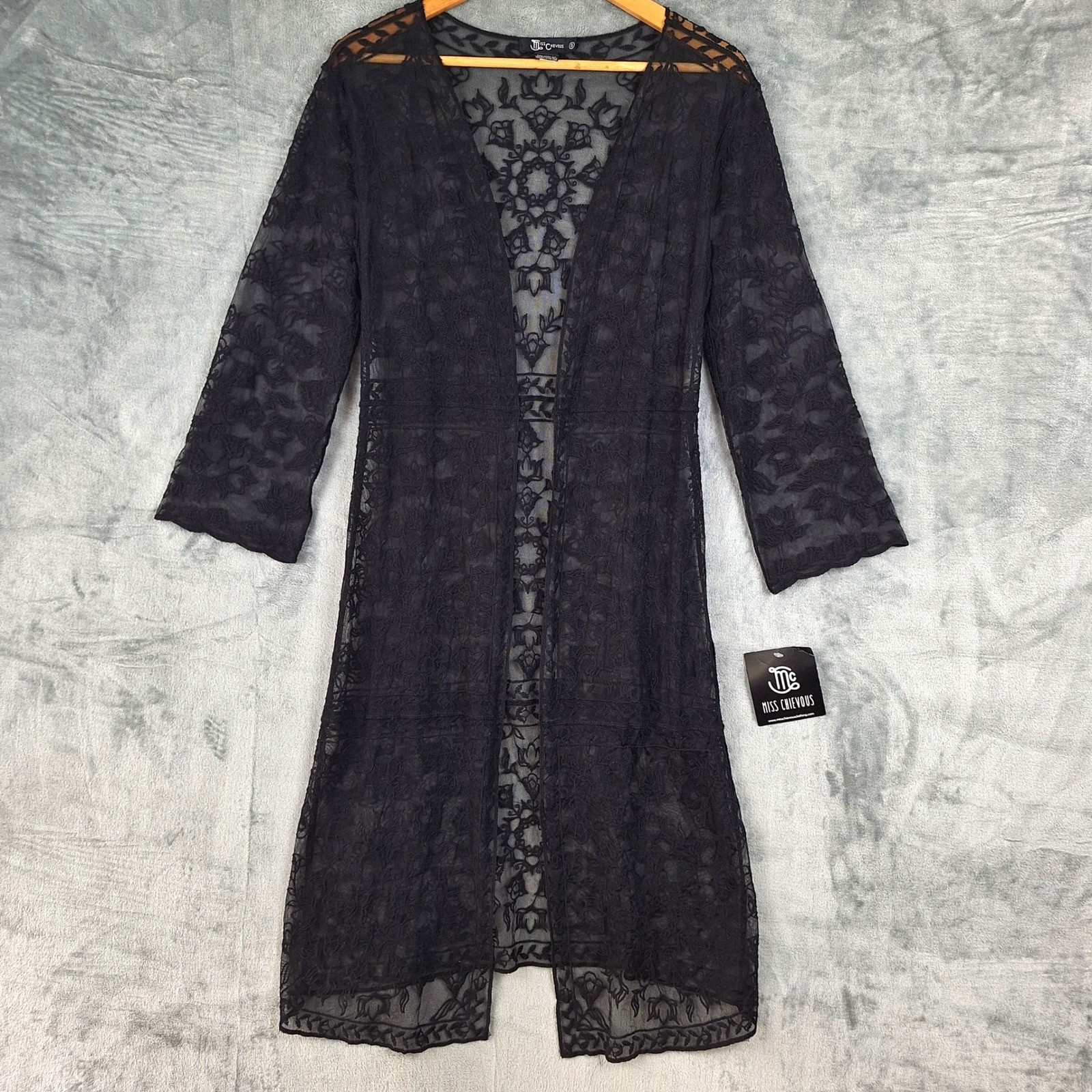 Womens Kimono Small Black Sheer Floral Lace Duster Boho Whimsigoth Dark Romantic