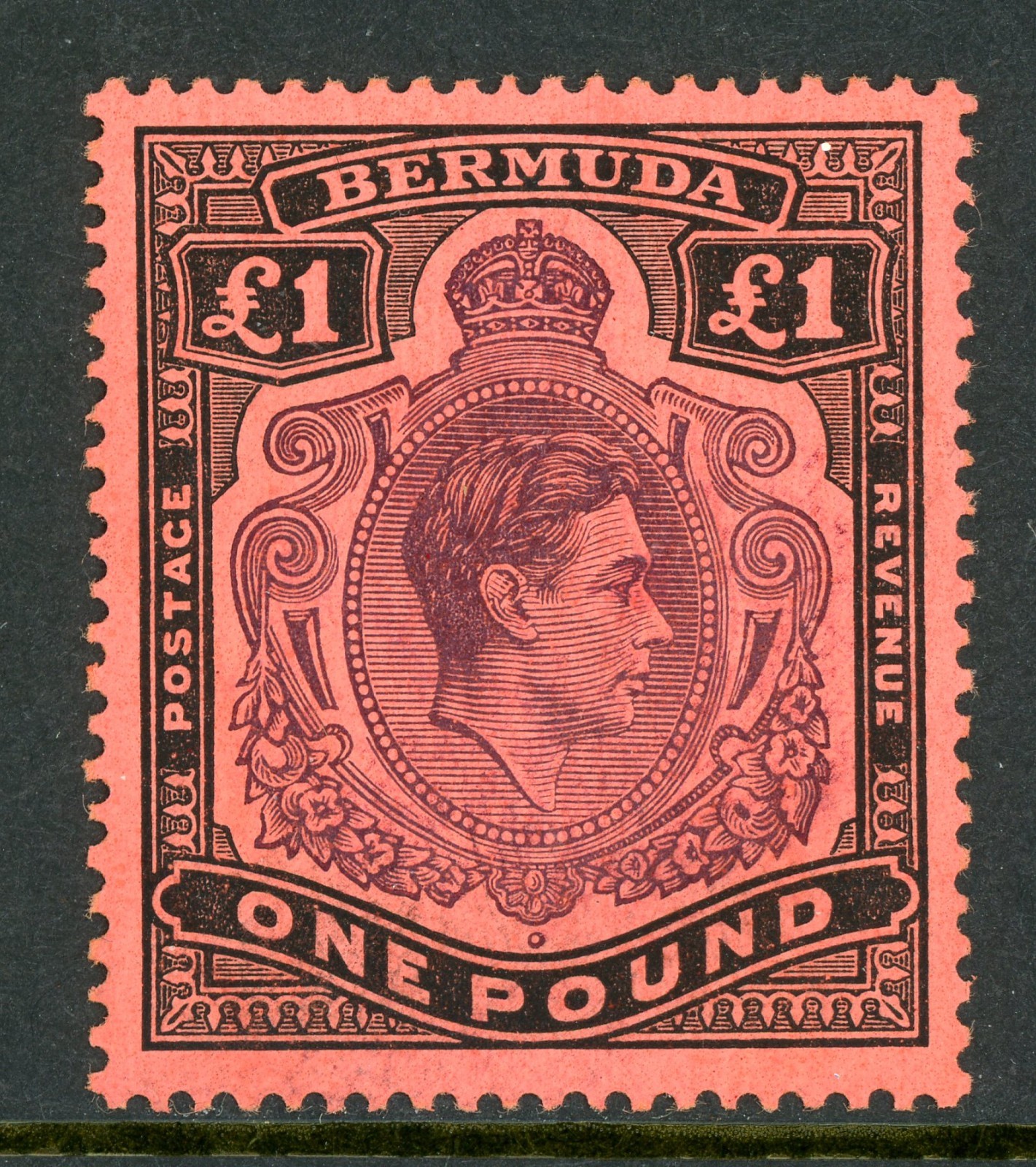 Bermuda 1938 KGVI £1 Black & Purple on Red Scott #128a Mint R44 Bermuda 1938 KGVI £1 Black & Purple on Red Scott #128a Mint R44