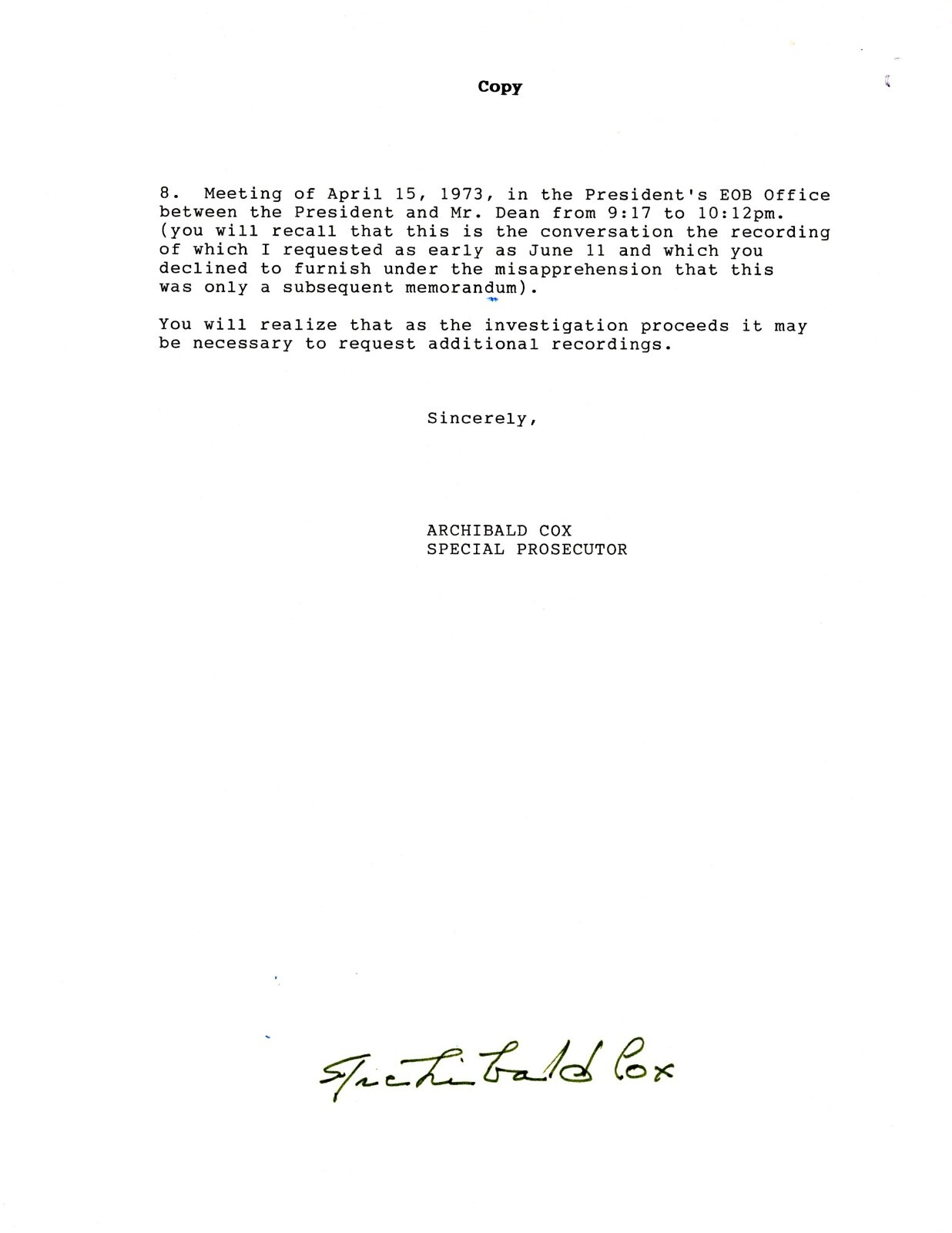 SIGNED BY ARCHIBALD COX - Letter with COX's Original Signature Watergate Content