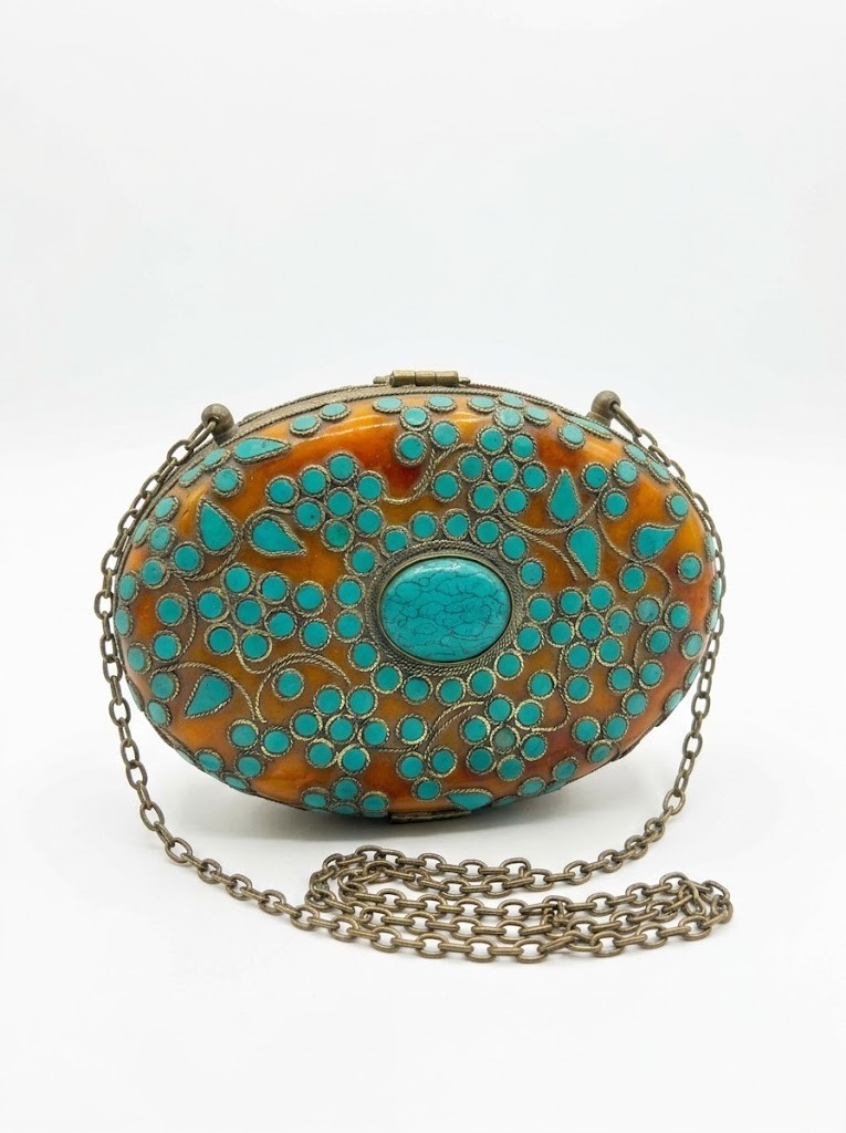 Tibetan Style Handmade Turquoise Resin Oval Clutch Bag Vintage Evening Purse