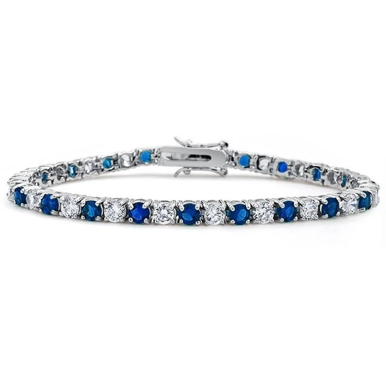 Beautiful Handmade Natural Blue Sapphire & Diamond Tennis Bracelet 14k Gold