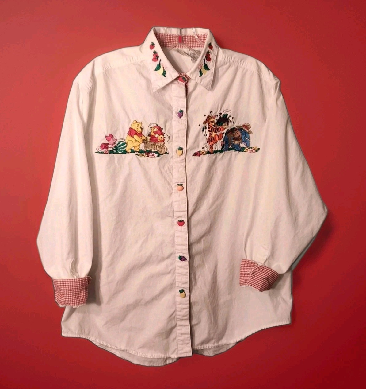 Disney Store Winnie the Pooh Large Embroidered Fruit Button Up Shirt Vintage 90s