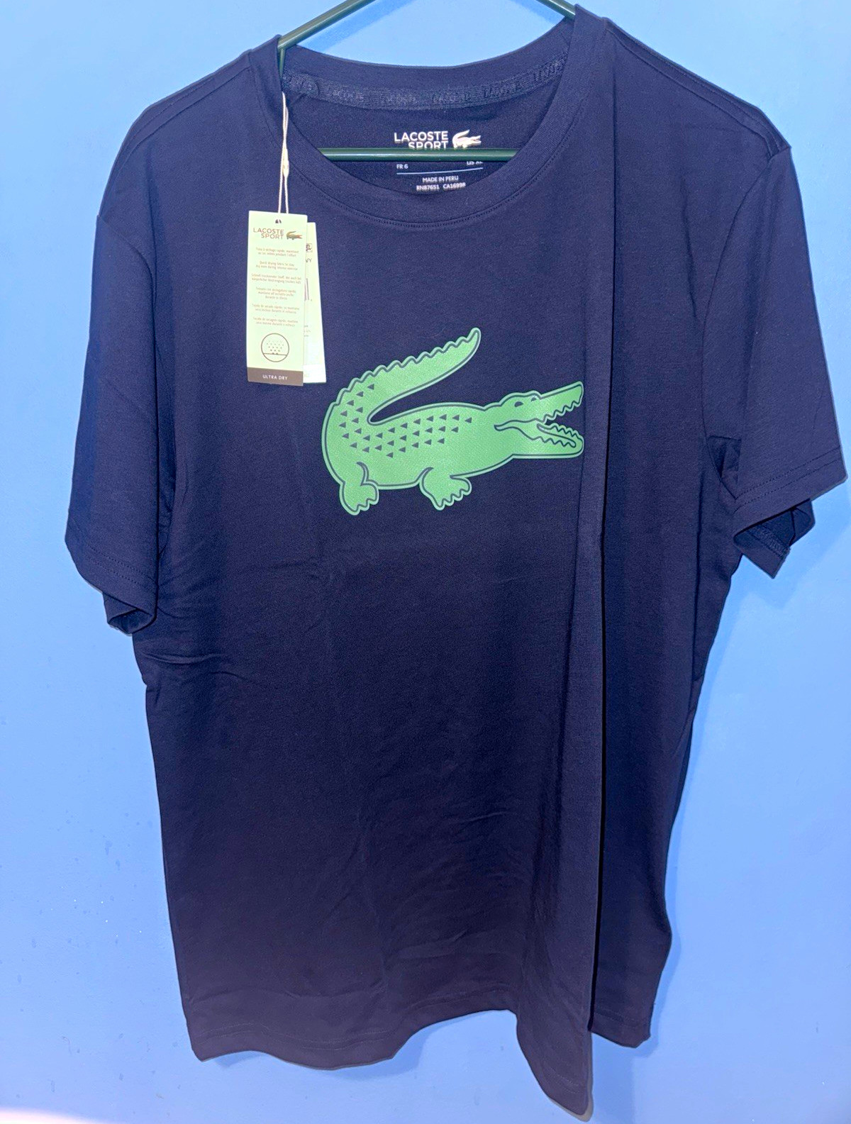 Lacoste Sport Ultra Dry Men\'s XL Blue Quick Dry Graphic Croc Logo Tee Shirt Lacoste Sport Ultra Dry Men\'s XL Blue Quick Dry Graphic Croc Logo Tee Shirt