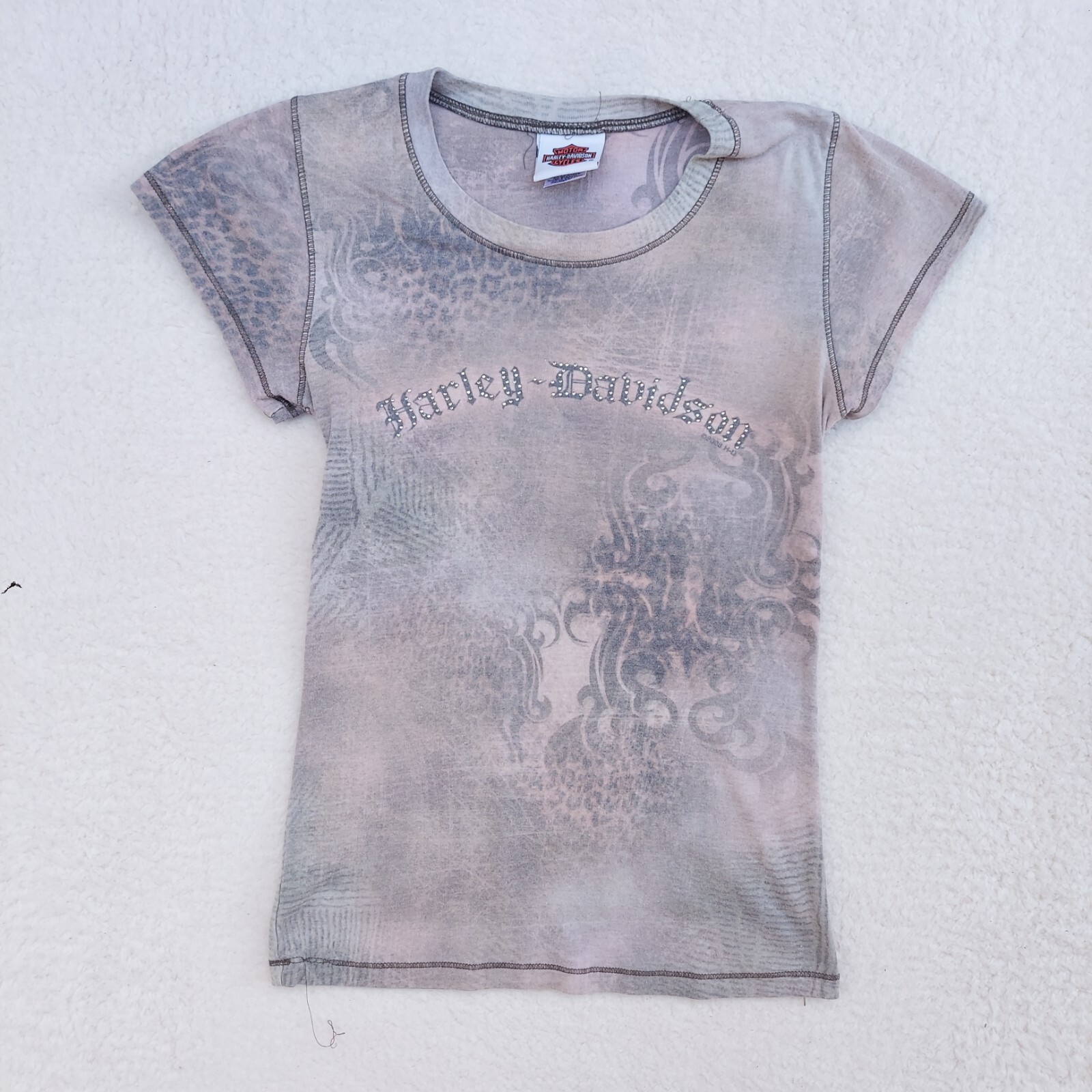 Y2K Vintage Harley Davidson Womens Rhimestone Pink Gray Fade Size Small