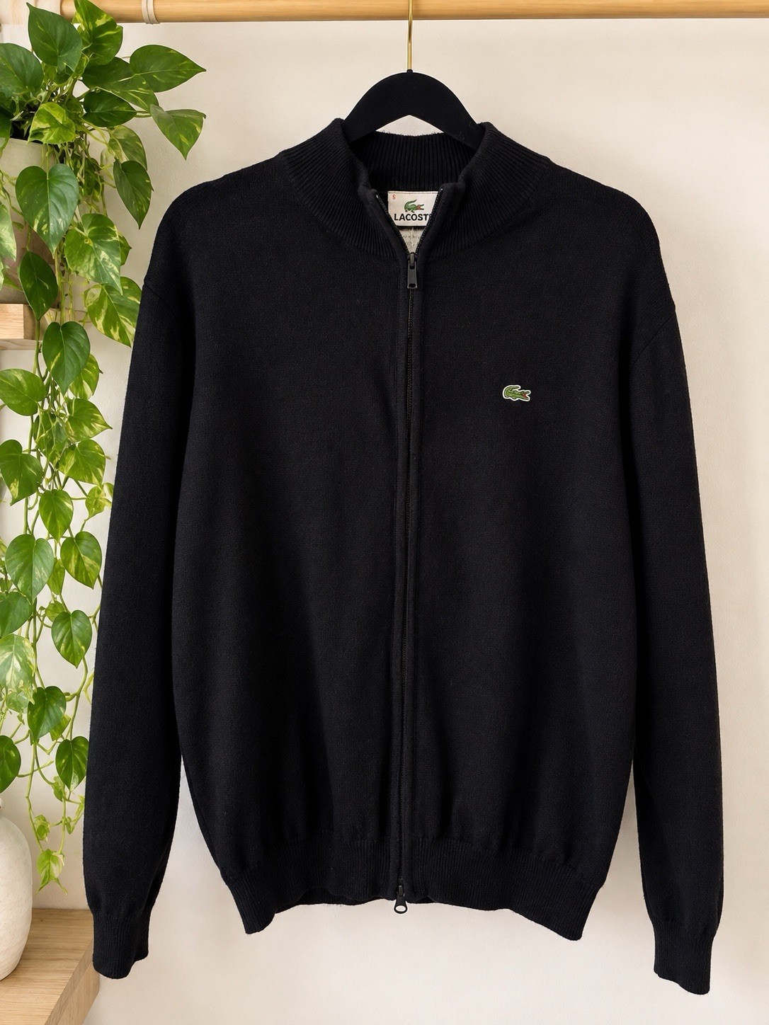 Lacoste Men’s Size 5 L Black 100% Virgin Wool Full Zip Sweater Crocodile Logo
