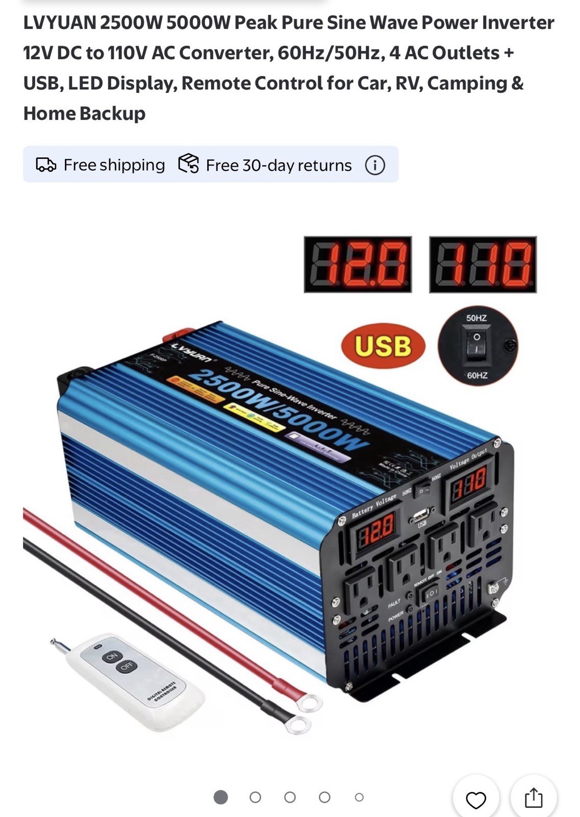 2500W 5000W Pure Sine Wave Power Inverter 24V to 110V 4AC w/Remote Control Truck