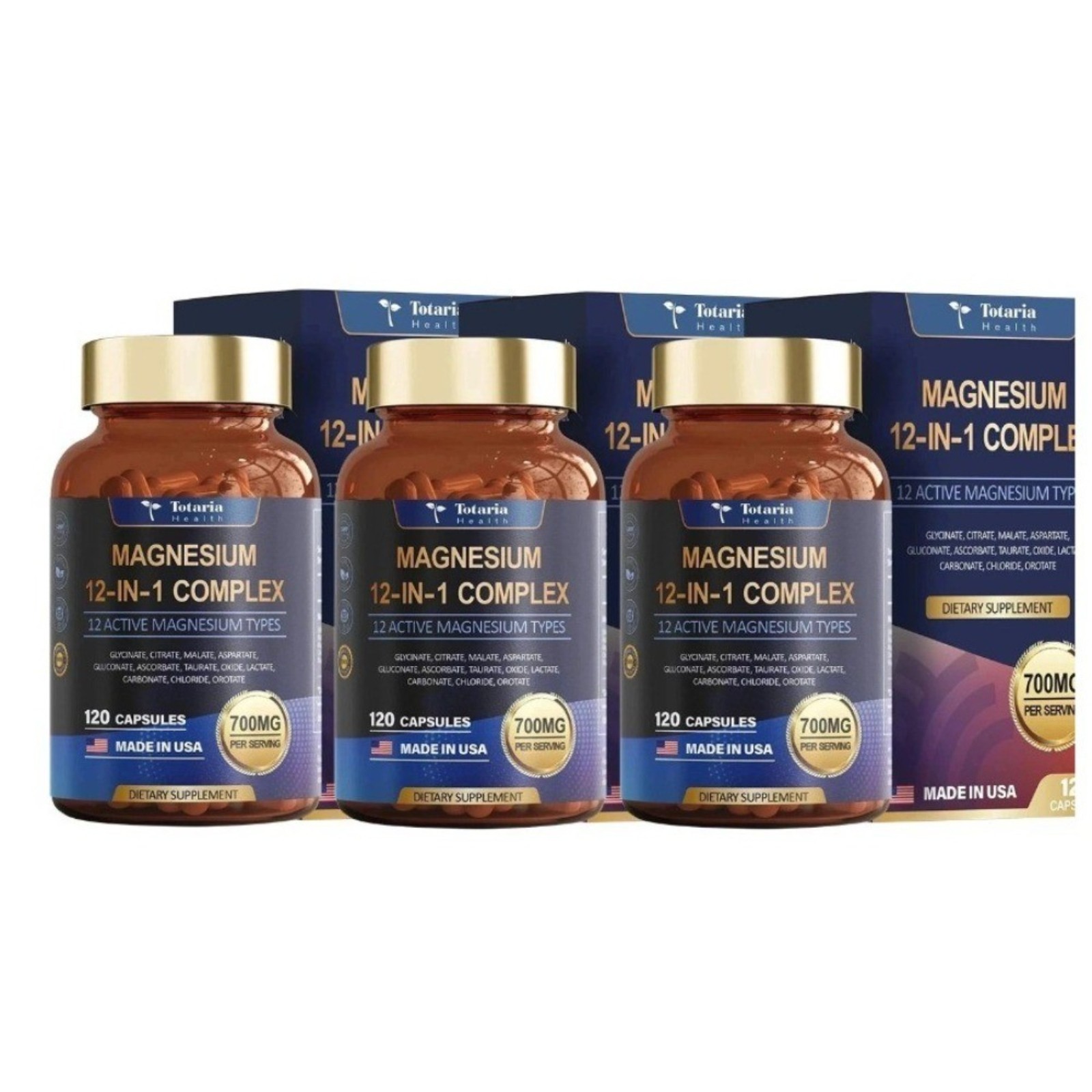 3 Bottles - Magnesium 12 in 1 Complex 700mg - Glycinate Citrate Malate Taurate