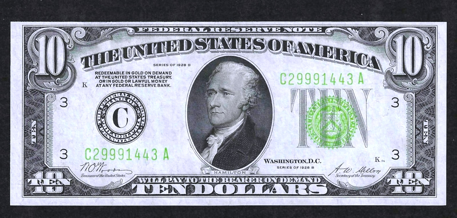 1928-B $10 PHILADELPHIA ~ LIGHT (LIME) GREEN SEAL ~ FRESH GEM CRISP UNCIRCULATED 1928-B $10 PHILADELPHIA ~ LIGHT (LIME) GREEN SEAL ~ FRESH GEM CRISP UNCIRCULATED