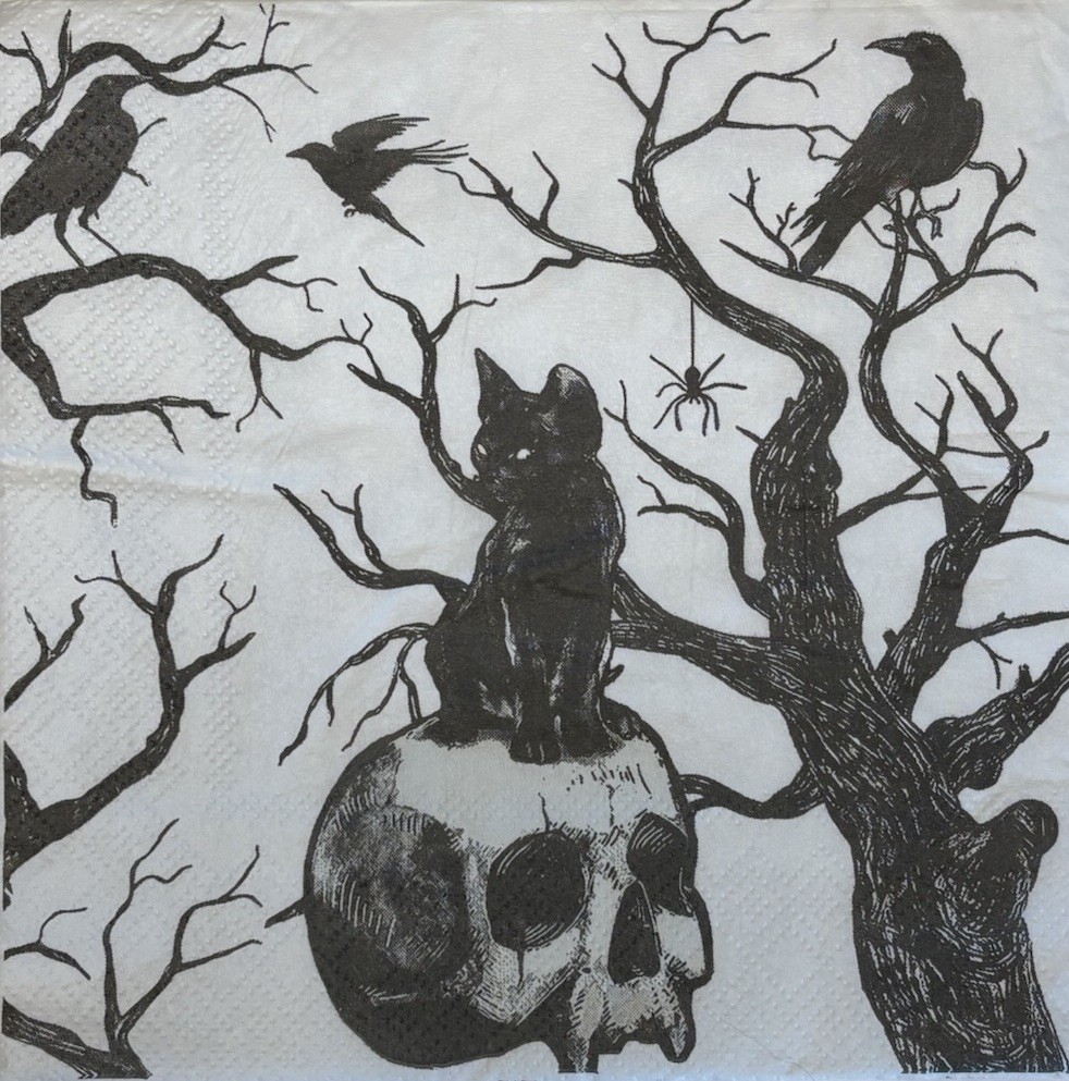 two Individual Black Cat Crow Skull Halloween Luncheon decoupage Paper napkins two Individual Black Cat Crow Skull Halloween Luncheon decoupage Paper napkins
