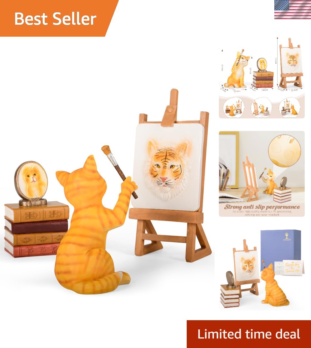 Artistic Cat Figurine Decor - Orange Artist Cat, Books & Tiger Easel Display