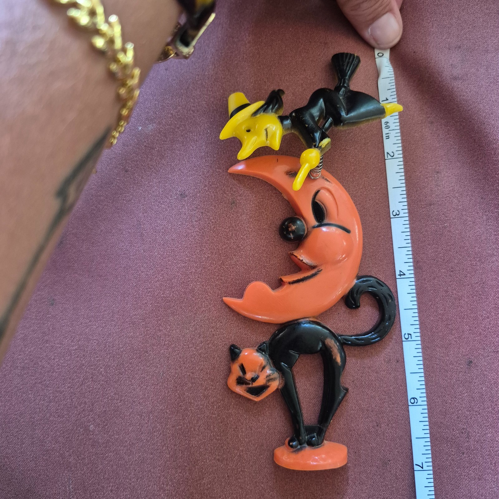 Vintage 1950\'s Rosbro Halloween Plastic Witch,Moon,Black Cat Decoration