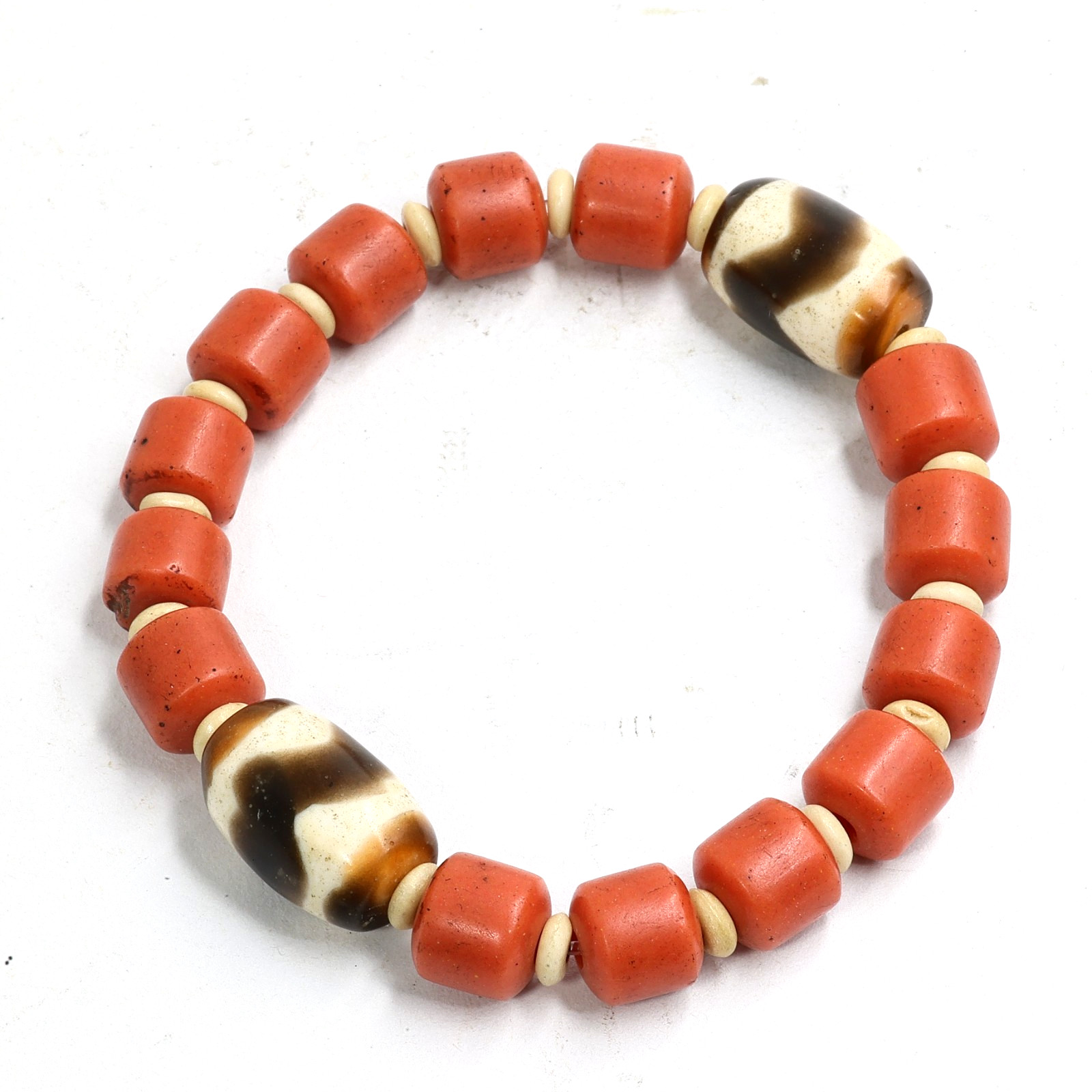 19th Antique Himalayan Tibetan Coral Red Sherpa &Tiger-Tooth Glass Bead Bracelet