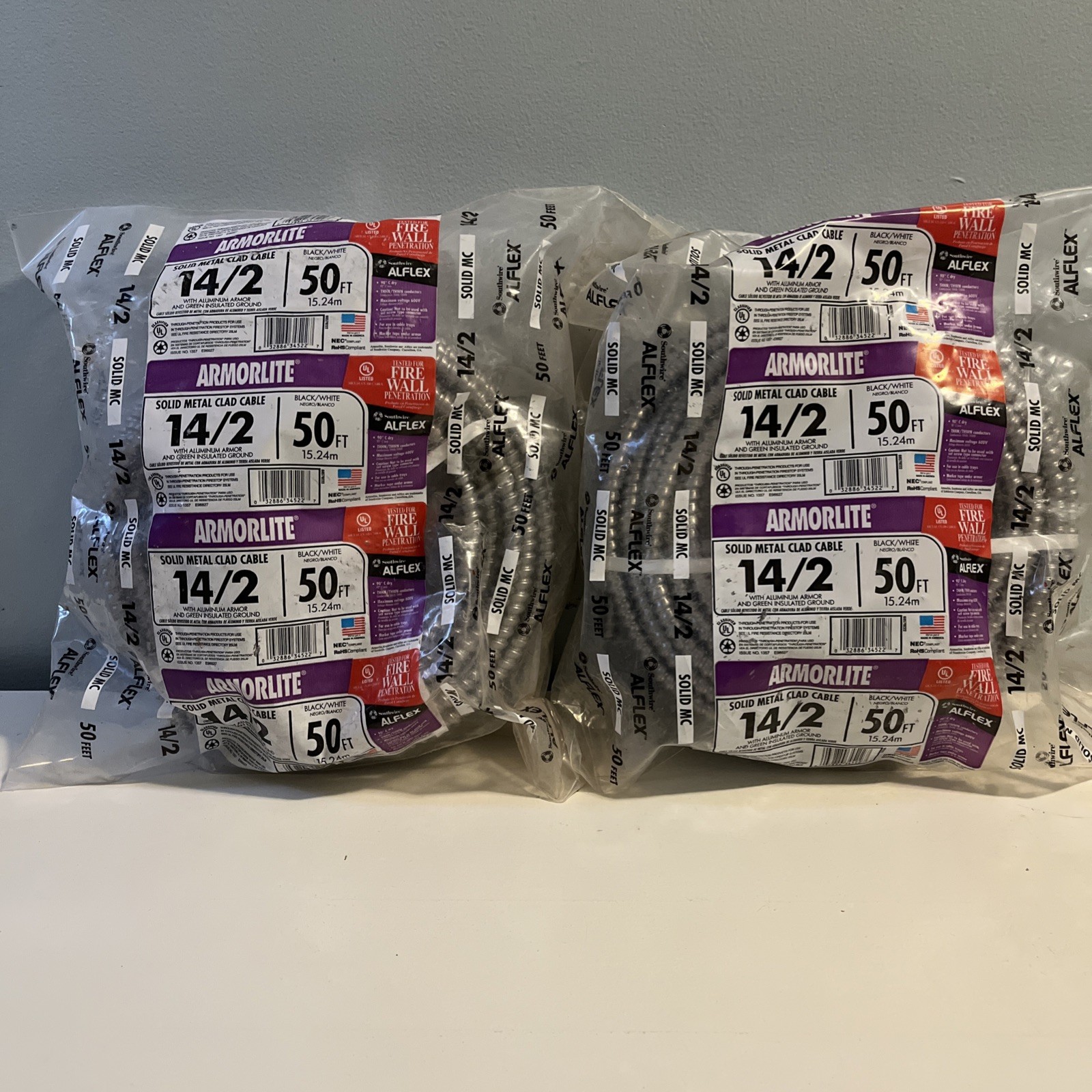 Armorlite Cable 14/2 w/ground. Solid CU MC Metal Clad Electric Cable Two 50 Ft. 