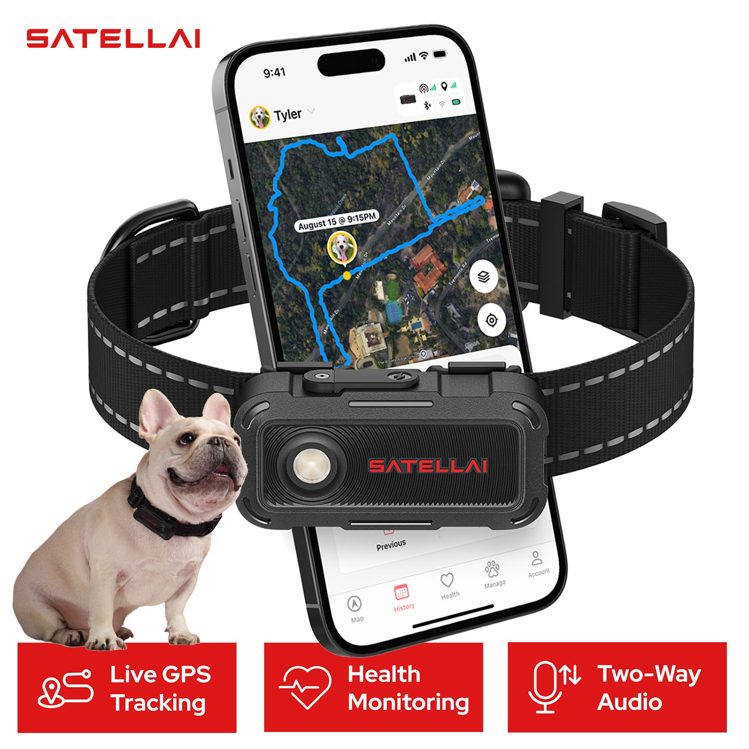 SATELLAI Collar Go Smart GPS Dog Tracker Live Tracking AI Health Monitoring &APP