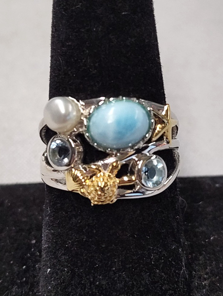 Jtv Blue Larimar Rhodium Over Sterling Silver Two-Tone Ring sz 8