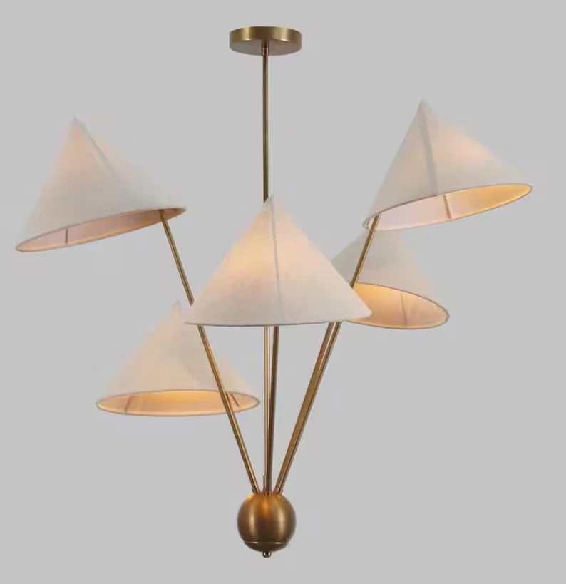Italian Style Five Linen Shade Brass Sputnik Ceiling Chandelier Light Fixture