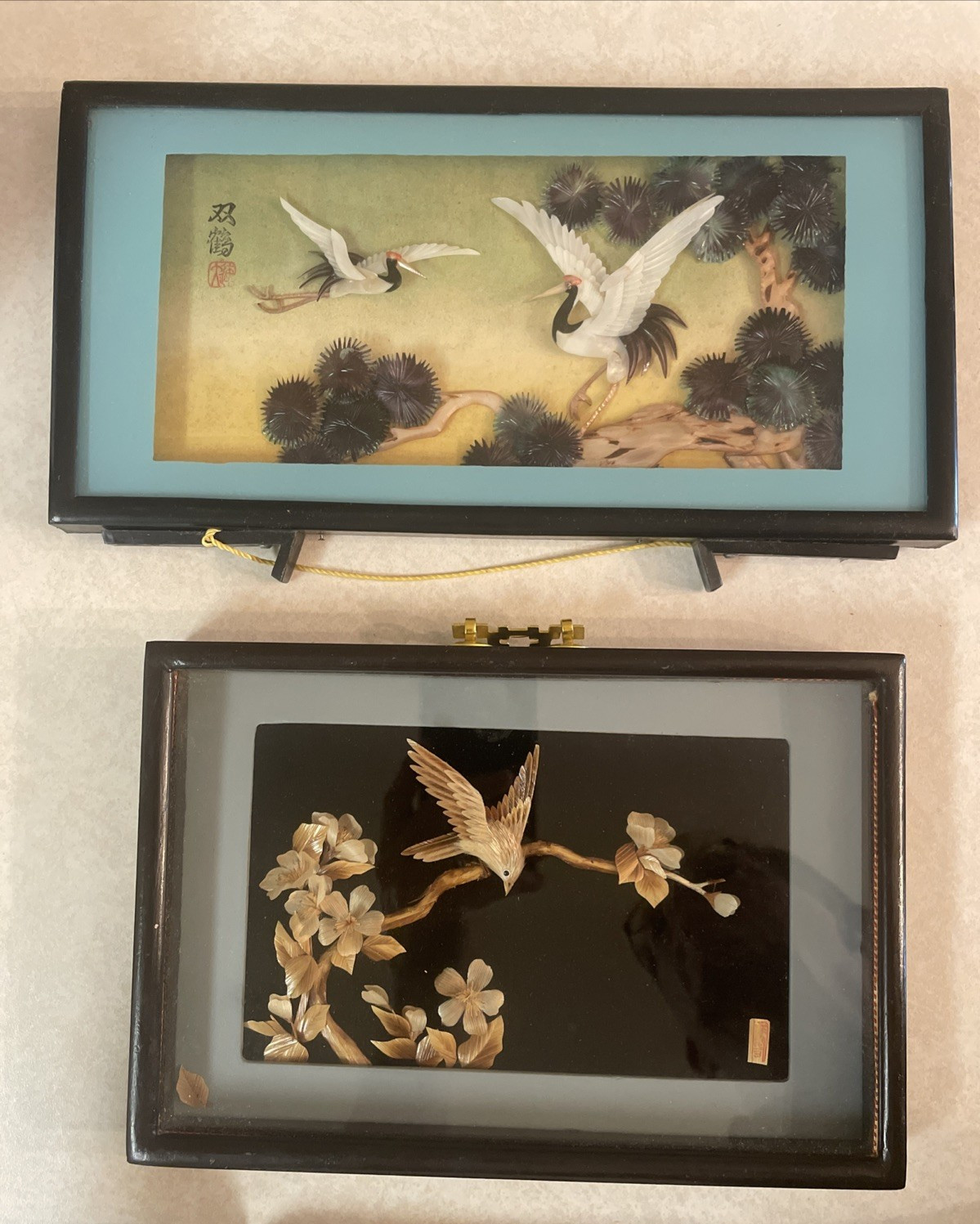 2 Vintage Framed Asian Shell Art Shadow Boxes - Birds Cranes Mother of Pearl 2 Vintage Framed Asian Shell Art Shadow Boxes - Birds Cranes Mother of Pearl