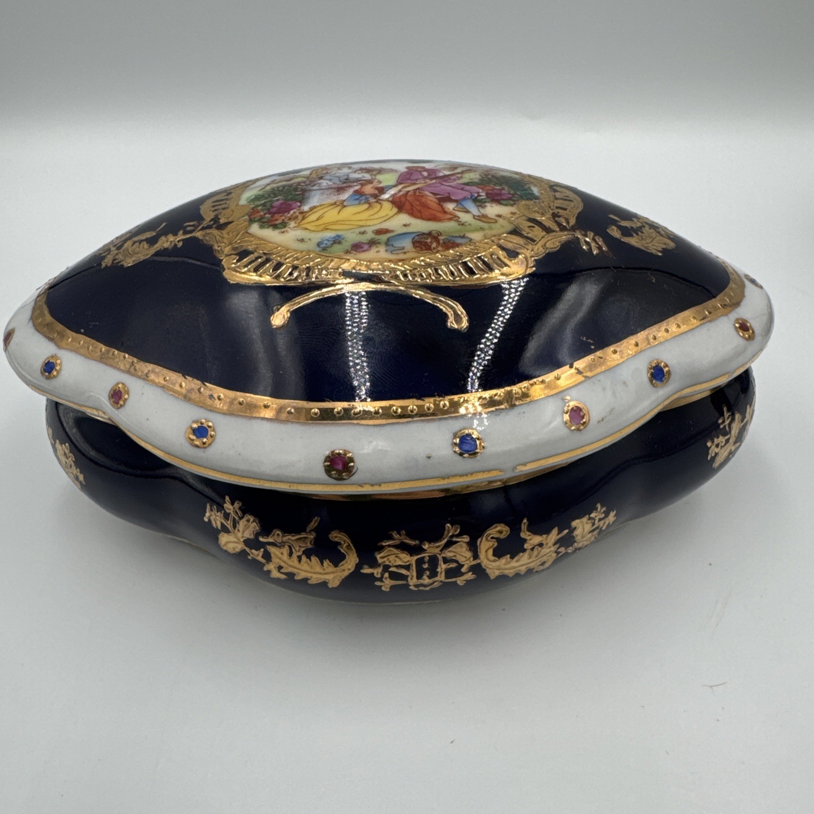 Antique Sevres Style Jeweled Porcelain Jewelry Casket Box Courting Couple 6.25”