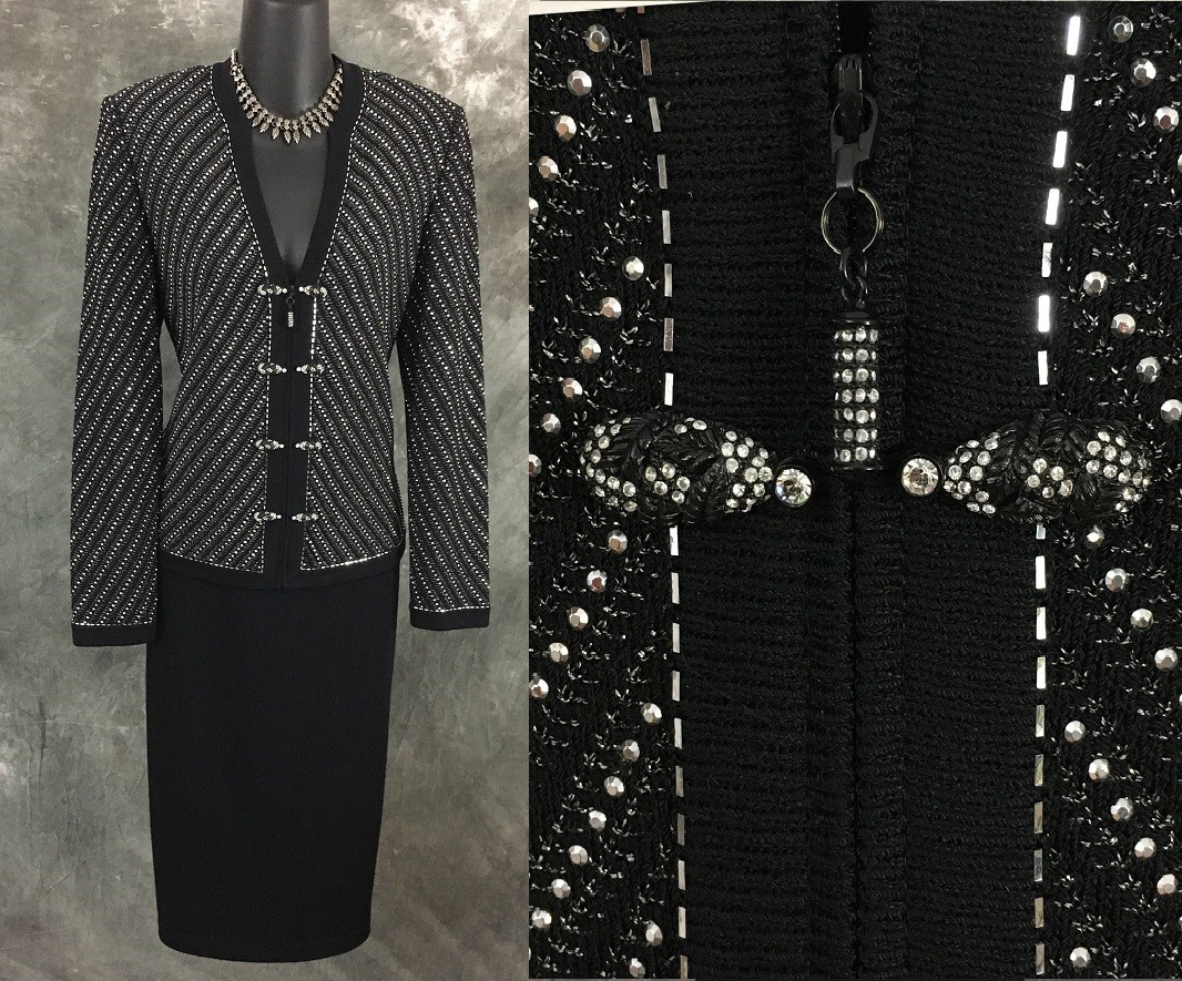 BEAUTIFUL St John evening knit black rhinestones embellished skirt suit 6