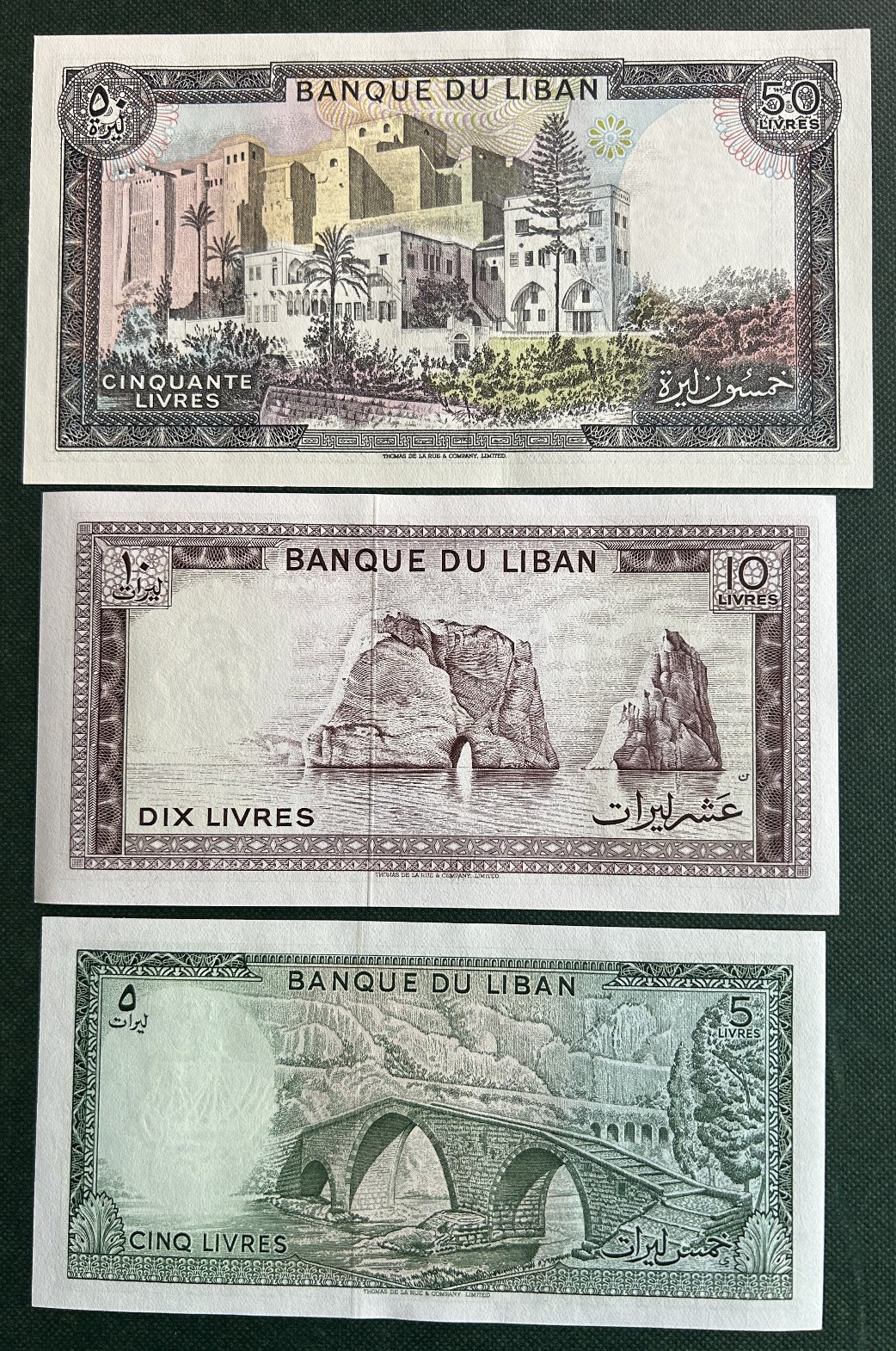 LEBANON SET OF 3 BANKNOTES 5,10 LIVRES 1986 AND 50 LIVRES 1988 UNC LEBANON SET OF 3 BANKNOTES 5,10 LIVRES 1986 AND 50 LIVRES 1988 UNC
