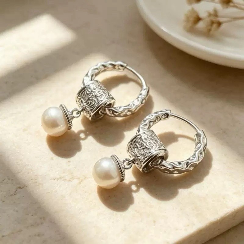 925 Silver Vintage Pearl Hoop Earrings Boho Textured Huggie Dangle Earrings A37