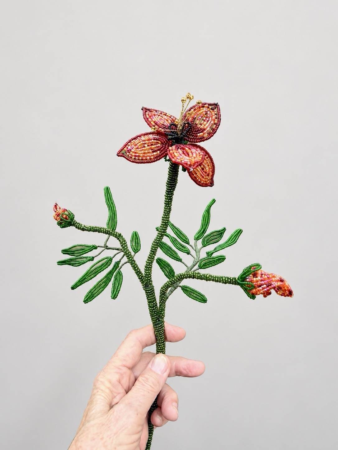 Vintage French Beaded Red Flower With Buds Long Stem Glass Bead Floral Art