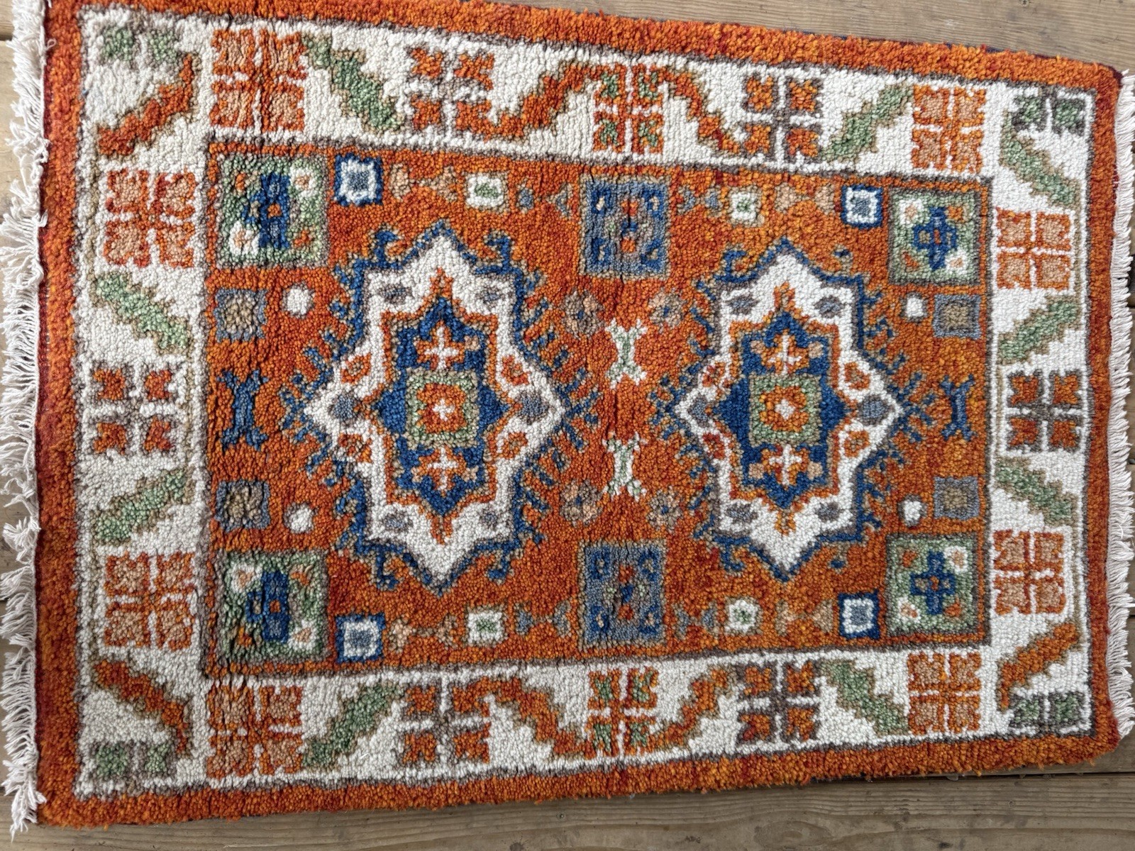 Vintage Handcrafted Wool Rug in Orange & Blue, Geometric Pattern 2x3