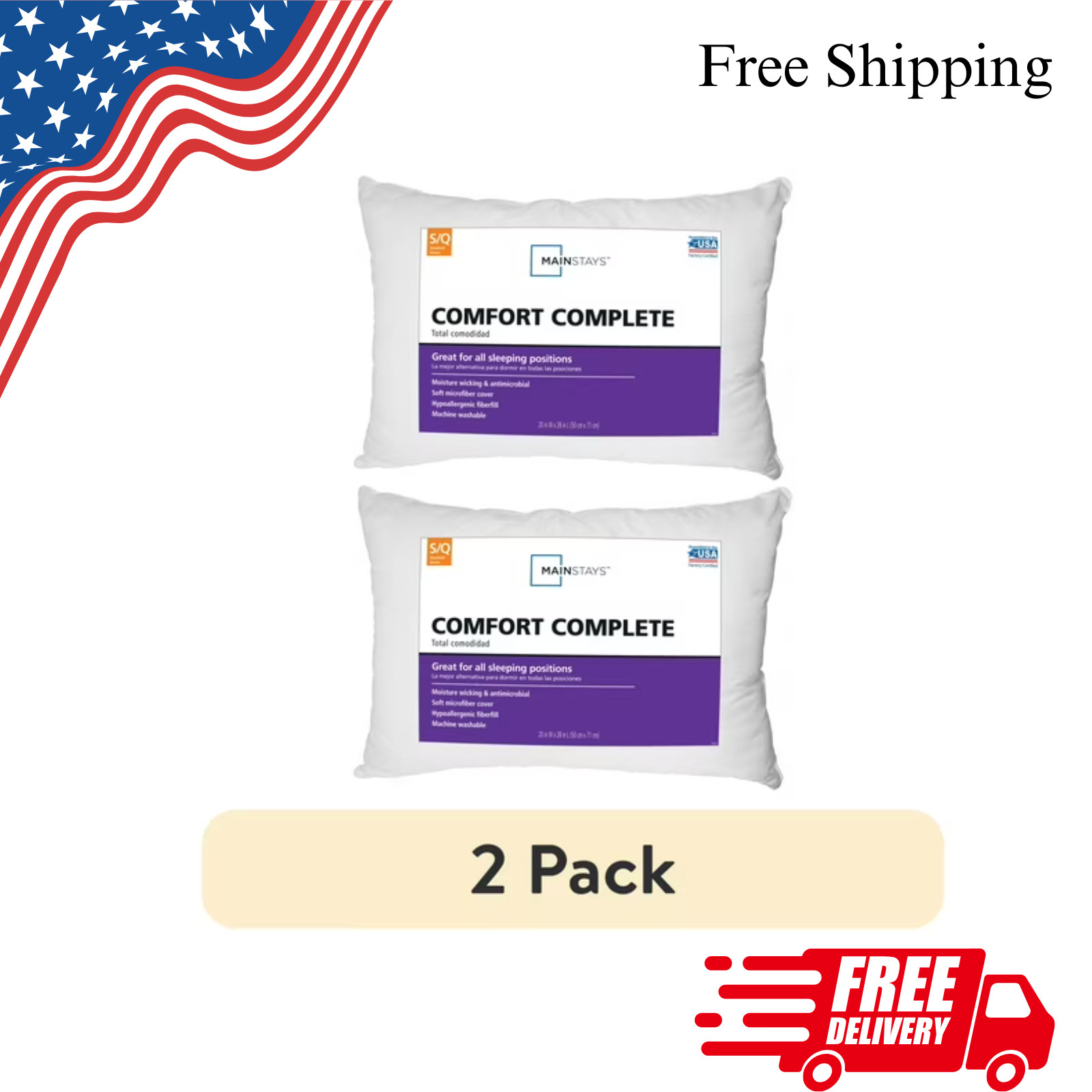 Mainstays Comfort Complete Bed Pillow, Standard/Queen (2 Pack)******
